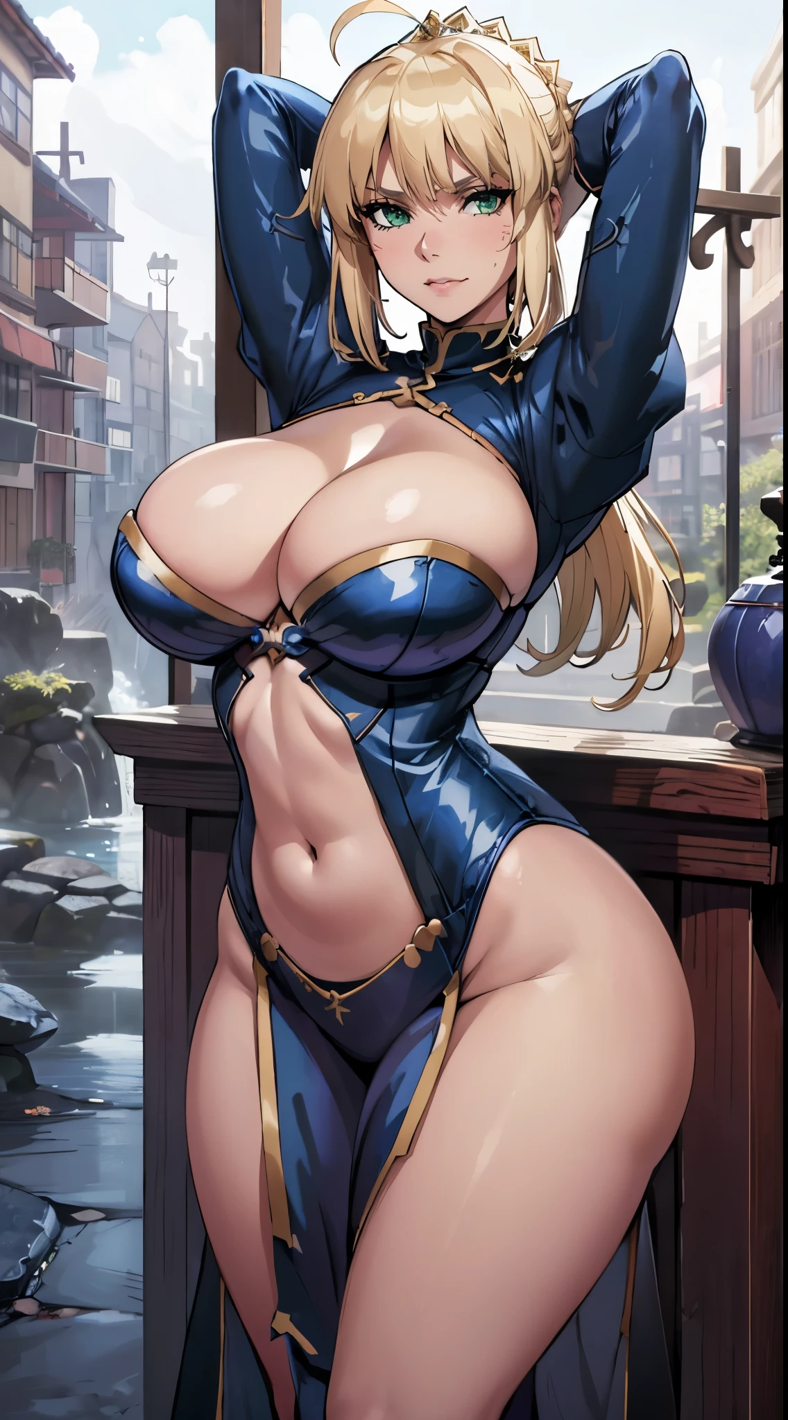 (best quality:1.3), Artoria Pendragon by Gate, ((ahego)), busty, huge tits, large breasts, cleavage, seductive, sexy face, sexy, curvy body, big ass, big , topless, bottomless, (city),