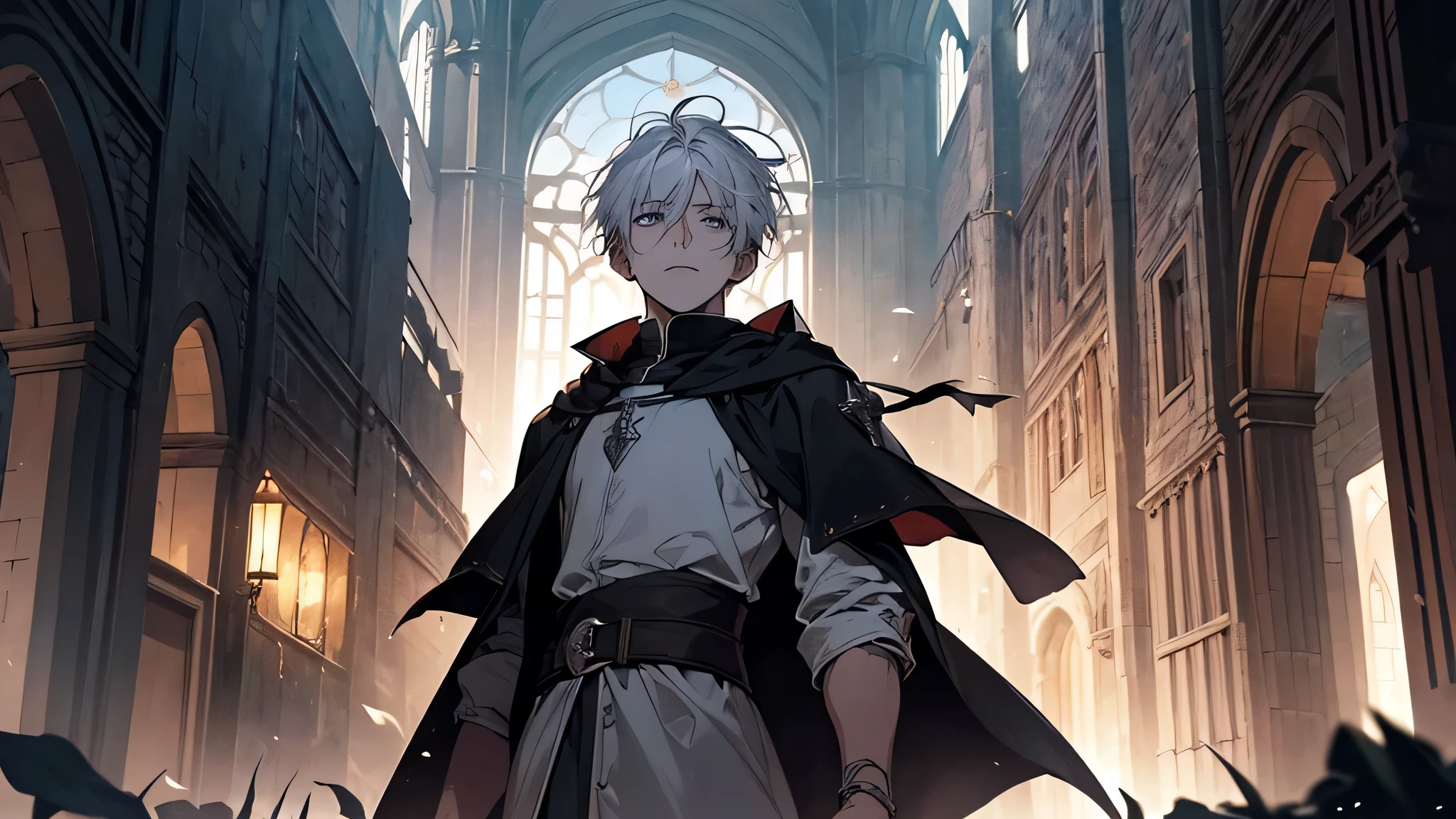 A young boy, a a boy with white hair and a sweet and pure look, he wears simple medieval clothes, he is a wizard, support for a medieval RPG, he has a sweet, pure and hopeful look. Portray his sweetness and emotions, make a dramatic and expressive art, place this boy in a dark and gloomy city, with predominant black and gray colors, a dangerous periphery, a medieval city in the background, capricious in the shadows and contrates, He said that it’s not his fault. The one to blame is Dorrie. He ask who dorie was,  and he said that she’s from boar’s head , which is close to the south gate