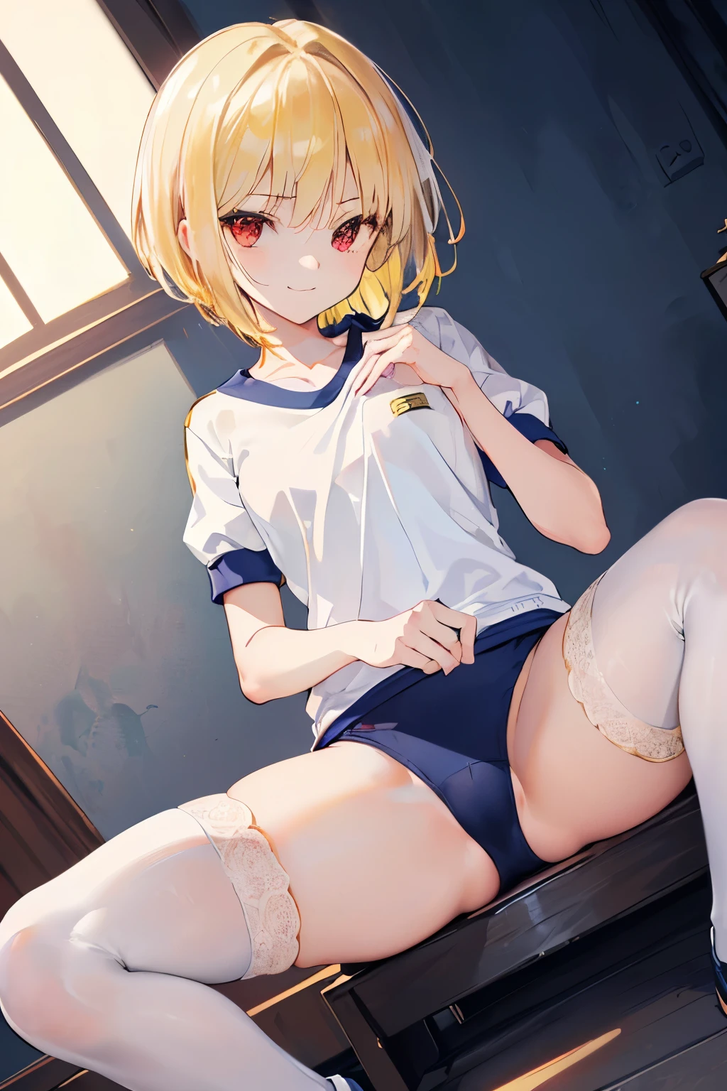 (((1girl))), ((best quality)), ((masterpiece)), ((ultra-detailed)), (illustration), (detailed light), (an extremely delicate and beautiful), (beautiful detailed eyes), (sunlight), ((extremely light)), ((extremely clothes)), (((hyper detail))),(((((front lighting))))),(((((front light))))),
((((quite adorable dark navy gym uniform)))),
,
wavy short manish bob, ((((yellow gold hair)))), (((short hair))),
(((pure red eyes))),
(((whole body))), ,
(((condescending expression))), (mischievous smile with sexual satisfaction), (((extra adorable))), (((extra slender shape))),
(((extremely beautiful detailed face))),
(((sitting on the knees))), (((((Dutch angle))))),
((())), (((lolita))),
(((extremely thin thighs))), (((white stockings)))