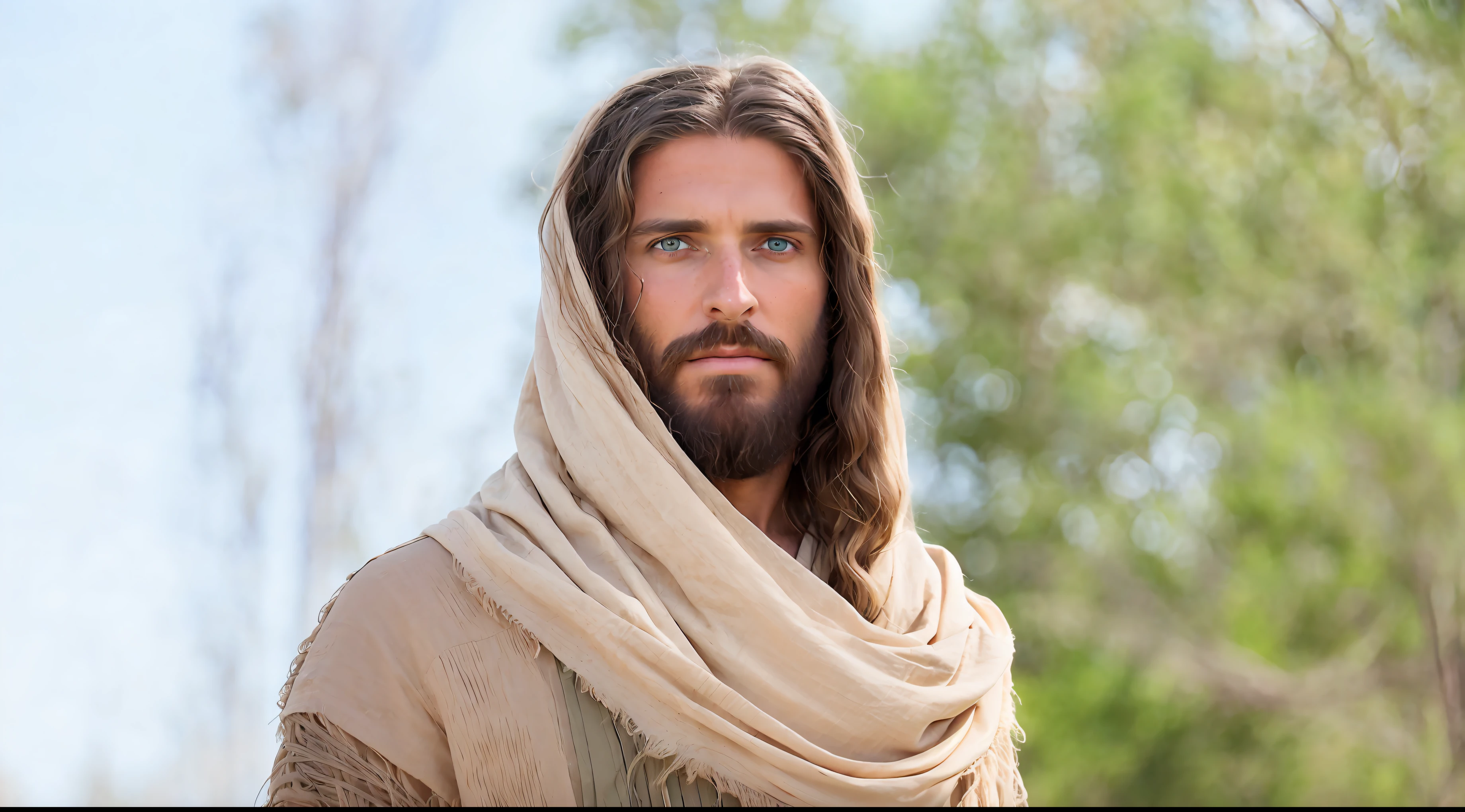 centrado (Jesus), um homem de cor bronzeado, com cabelo comprido e barba, olhos verdes, wearing a long beige tunic, 4k, HDR, detalhado, fundo de campo pastoso, campo de fazenda pastoso como plano de fundo, corpo magro sem cabelo