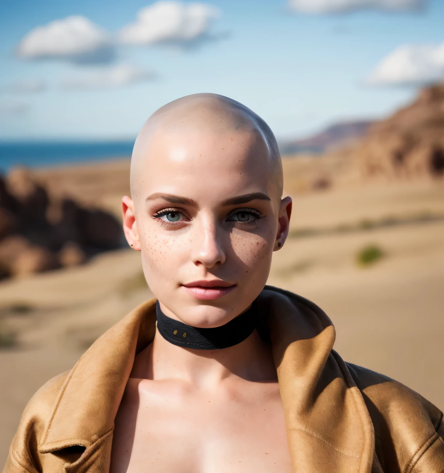Hyper-realistic and detailed shot of a headshaved woman .souriante de 25 ans portant un long manteau et une mini jupe. outside. Le soleil brille. Des yeux parfaits, (maquillage des yeux:1.1), (seins parfaits), (Highly detailed skin:1.1), ......RAW, style analogique, mise au point nette, 8K UHD, DSLR, High quality, Fujifilm XT3, grain, award winning, Masterpiece, Objectif 50mm, corps entier, she wears a neck brace, she has freckles, she has 