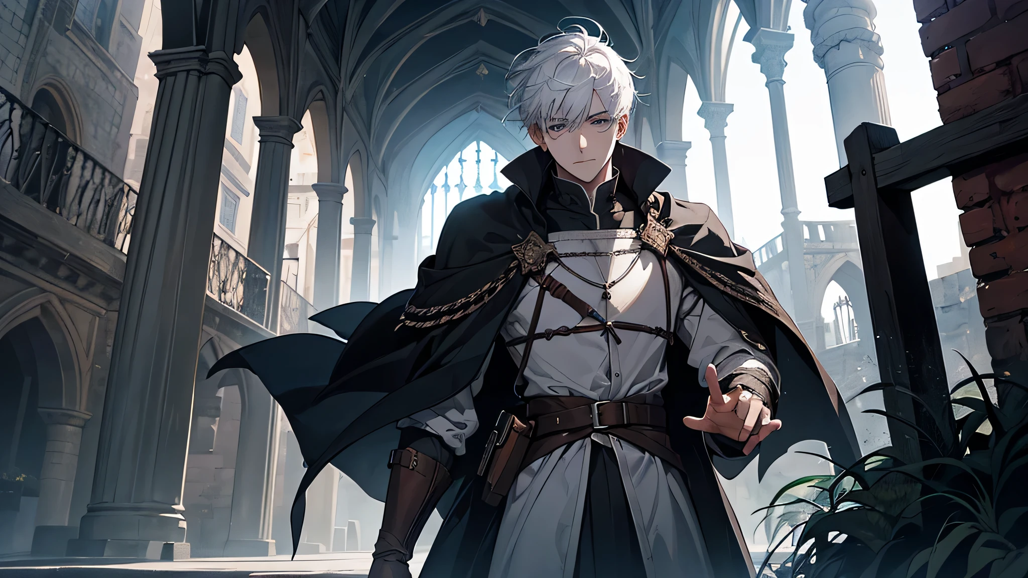 A young man, a man with white hair and a sweet and pure look, he wears simple medieval clothes, he is a wizard, support for a medieval RPG, he has a sweet, pure and hopeful look. Portray his sweetness and emotions, make a dramatic and expressive art, place this boy in a dark and gloomy city, with predominant black and gray colors, a dangerous periphery, a medieval city in the background, capricious in the shadows and contrates, He said that it’s not his fault. The one to blame is Dorrie. He ask who dorie was, and he said that she’s from boar’s head , which is close to the south gate
