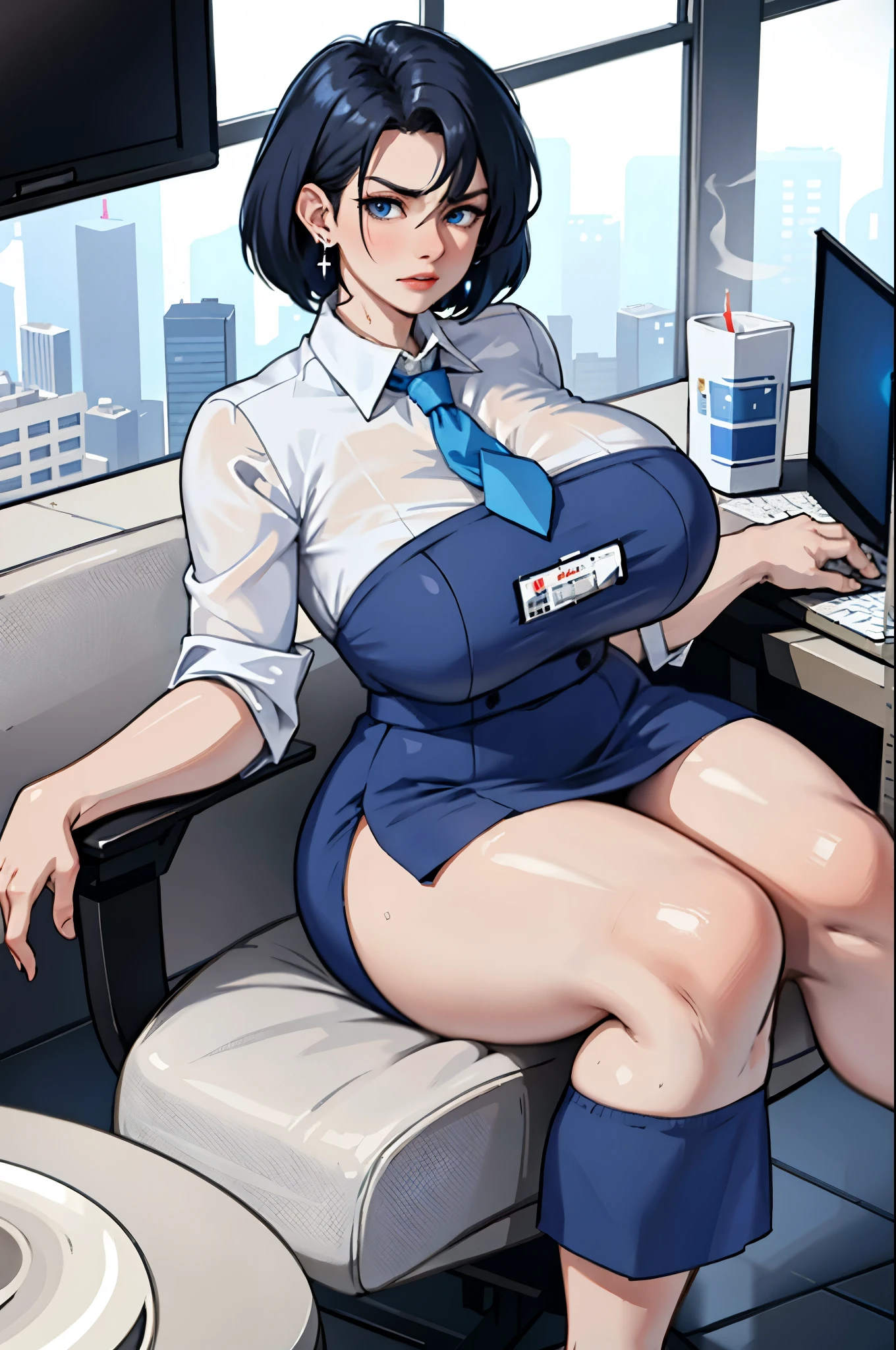 sexy woman sitting on chair, massive , massive breasts, white short hair, blue eyes, earrings, one girl, one woman sitting, hd, best quality, 4k, white shirt, office worker clothes, blue tie, blue long skirt , short hair, tall woman, sweating, see thru, hot steamy, slightly annoyed look, supet hot girl with massive ,