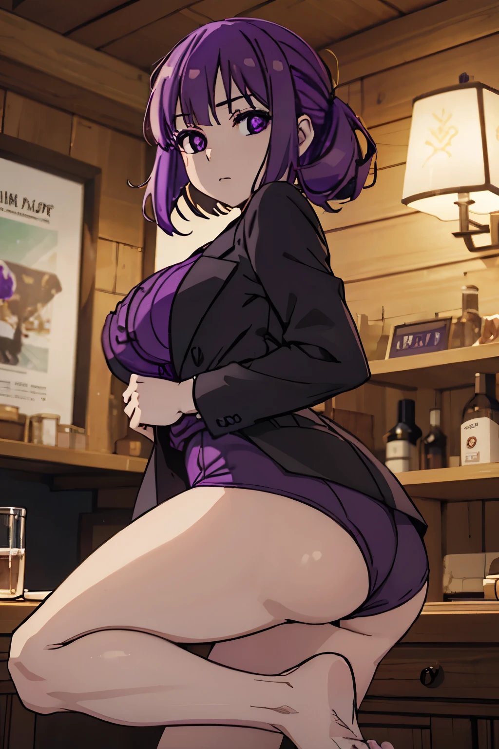 (Best shadow:1.1), Large breasts, Beautiful concept illustration, (Extremely fine and beautiful:1.1), (Perfect details:1.1), Masterpiece, Best quality, (Extremely detailed Cg Unity 8K wallpaper), attractive legs, barefoot, happy, (busty), (perky) (large ass) (bubble butt), AGGA_ST003, human_feet, (purple eyes:1.8), pink poison, short hair, messy hair, purple hair, low cut butten up shirt, tight shorts that show off ass, in one piece, pyradef, feet, toes, full body, sexy legs, large thighs, juicy thighs, hair between eyes, on a pirate ship, (fuuko) jacket, open jacket,