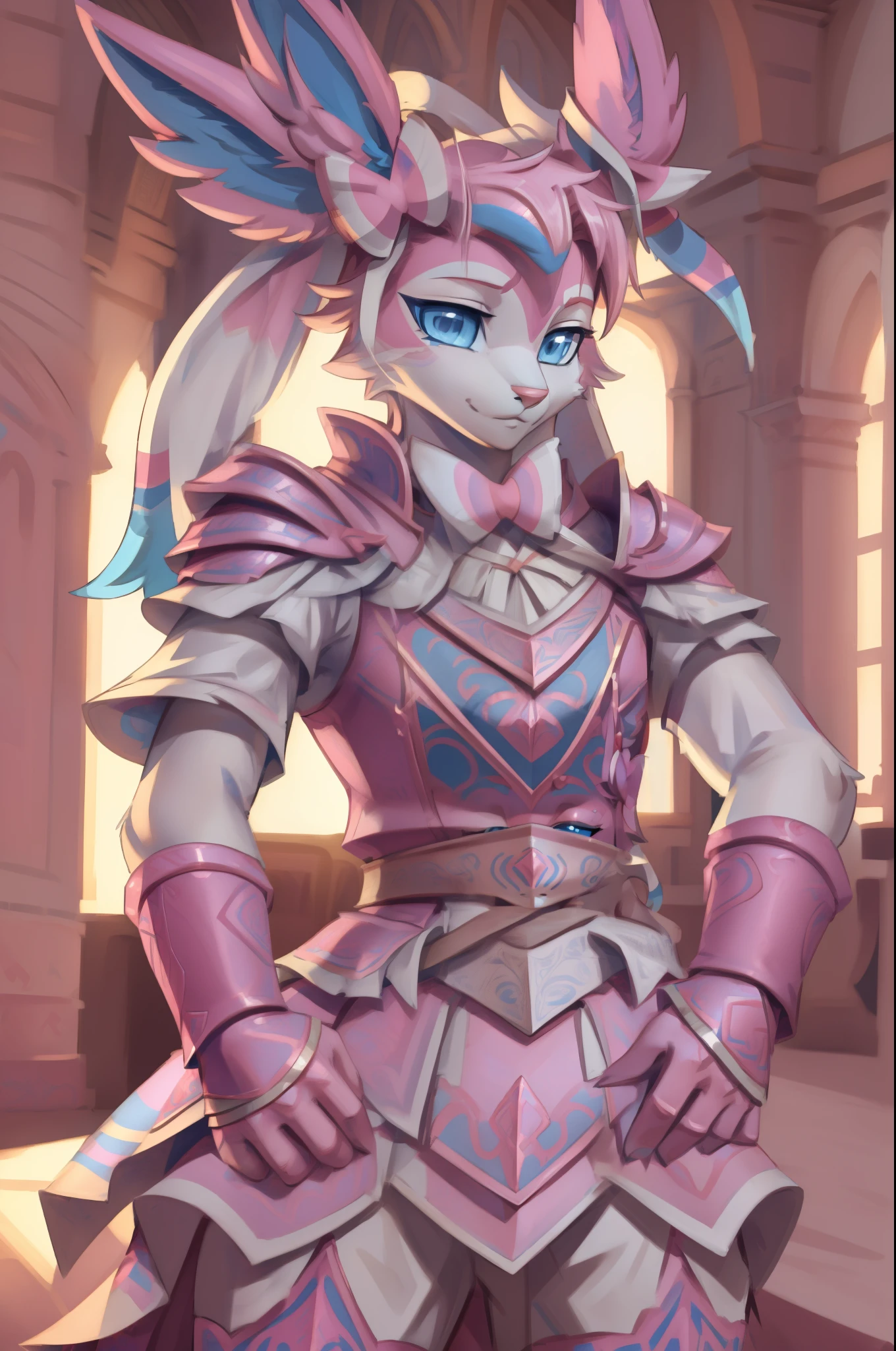 sylveon, blue eyes, (posing:1.3), (soft shading), 4k, hi res, five fingers, detailed hands, ((detailed face, (detailed eyes:1.0), detailed)), by zackarry911, by zaush, (by personalami:0.5), clothed, pink armor, solo