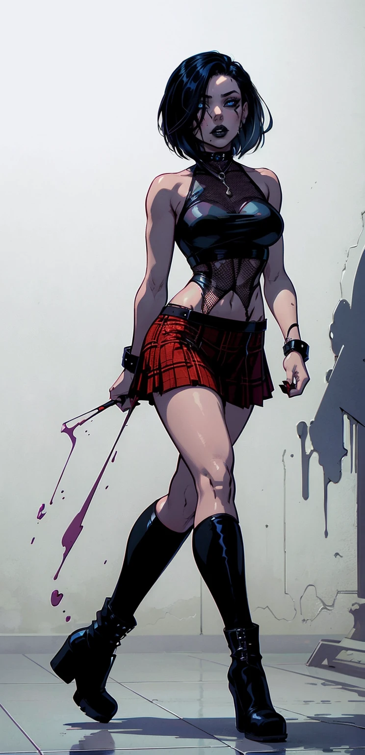 a woman with short black hair, hair on shoulders,  wearing a black cropped  and plaid skirt, blue eyes, zombie art, gothic art, cute aesthetic with vibe, toon aesthetic, wearing red costume, wearing gothic accessories, look like Cassie Hack, whole body, walking on the floor, black boots, white background