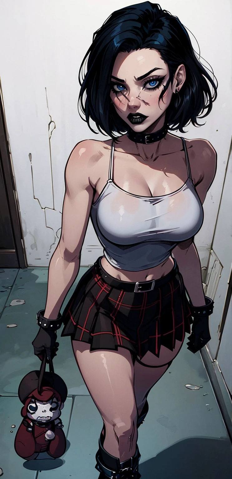 a woman with short black hair, hair on shoulders, wearing a black cropped and plaid skirt, blue eyes, zombie art, gothic art, cute aesthetic with vibe, toon aesthetic, wearing red costume, wearing gothic accessories, look like Cassie Hack, whole body, walking on the floor, black boots, white background