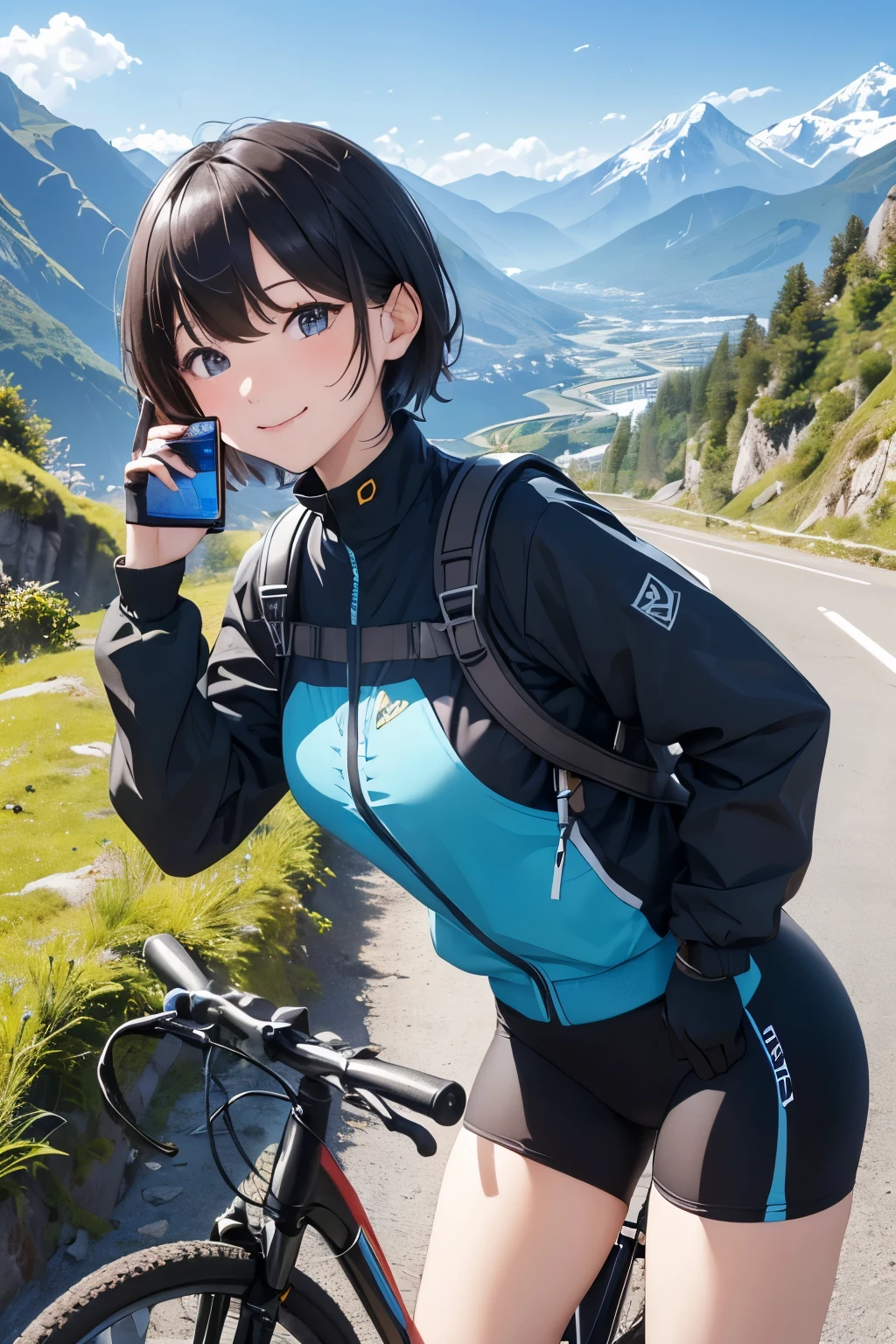 (highest quality、High resolution、8K、masterpiece:1.2、colorful)。Under a clear blue sky、A mountain road lined with beautiful mountains、Beautiful girl getting off her bike and taking pictures of the mountain with her smartphone。Wearing a rider suit and looking at the mountains。(beautiful girl appearance:short hair、smile、Sweat、messy hair)