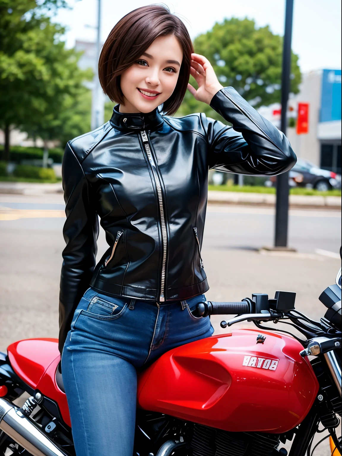 ((best quality)), ((masterpiece)), ((perfect face))、（Detailed Motorcycle）、Detailed and clear photos、((Motorcycle Women))、slender body、Riding jacket、smile、posing next to a motorcycle、short hair
