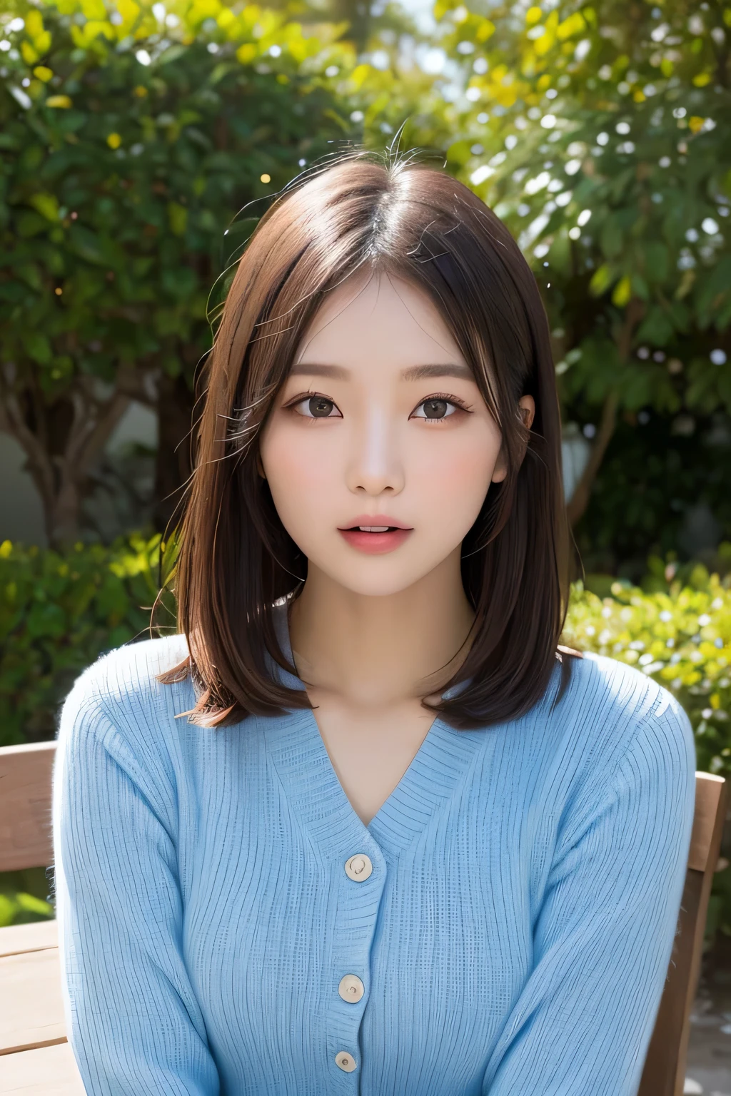table top, highest quality, Photoreal, finely, High resolution, 8k wallpaper, perfect dynamic composition, beautiful and detailed eyes, medium hair, Medium chest, random sexy pose,chest to chest、(Tight Blue Knitwear)、(chest bulge)、laughter、open your mouth、The tip of the tongue is visible、beautiful resort scenery、25 years old、(droopy eyes 1.4)、Adult beauty、Japanese