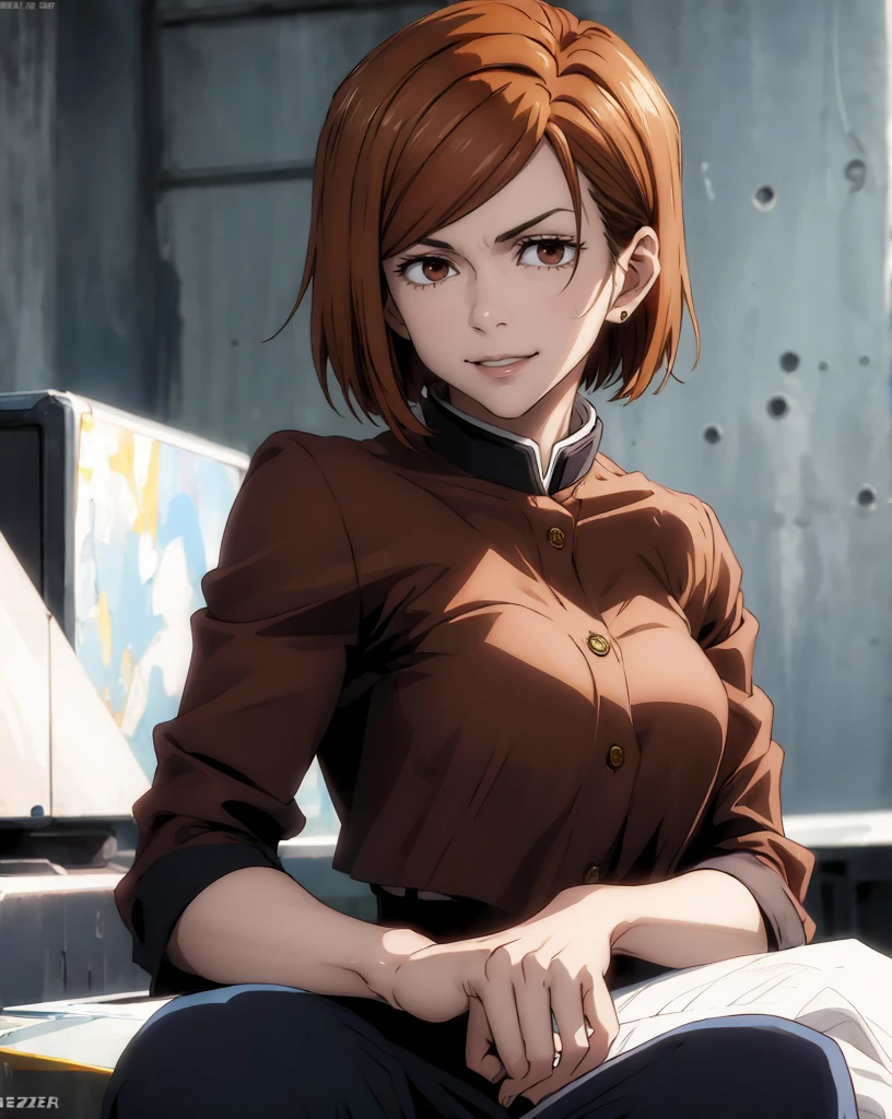 (masterpiece:1.4),(best quality:1.4) 1girl,nobara_jjk,brown hair,short hair, brown eyes,fully , sitting, full body