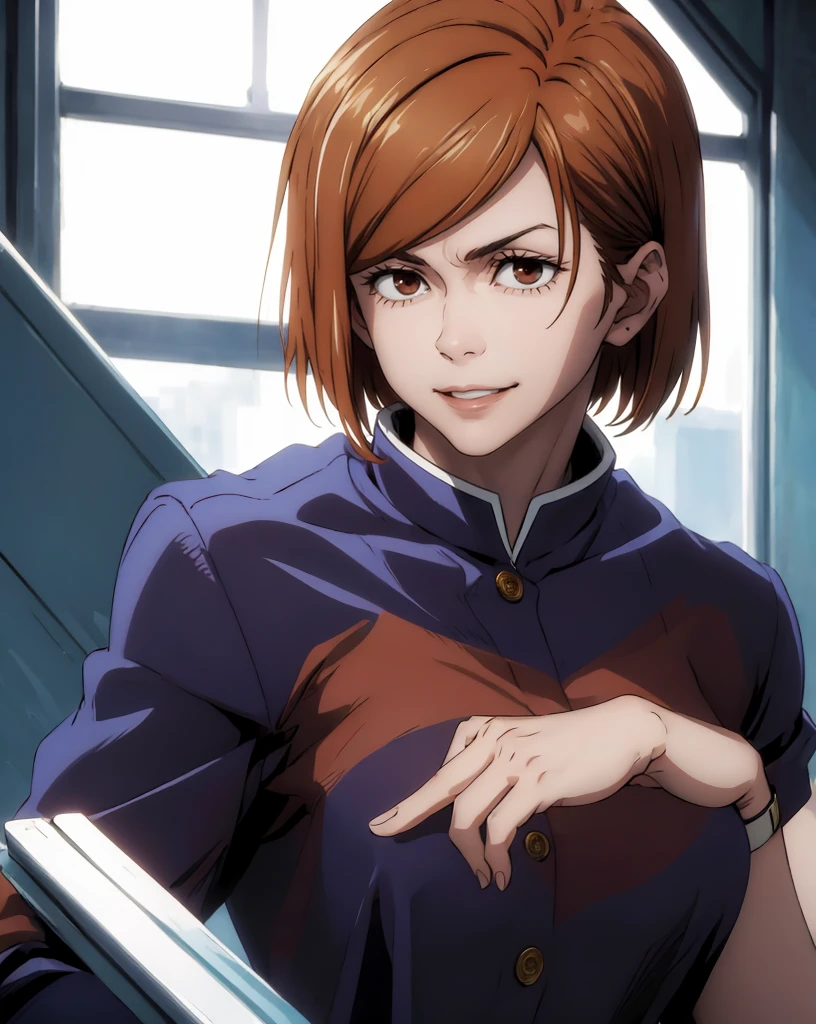 (masterpiece:1.4),(best quality:1.4) 1girl,nobara_jjk,brown hair,short hair, brown eyes,fully ,smilling, sitting, full body