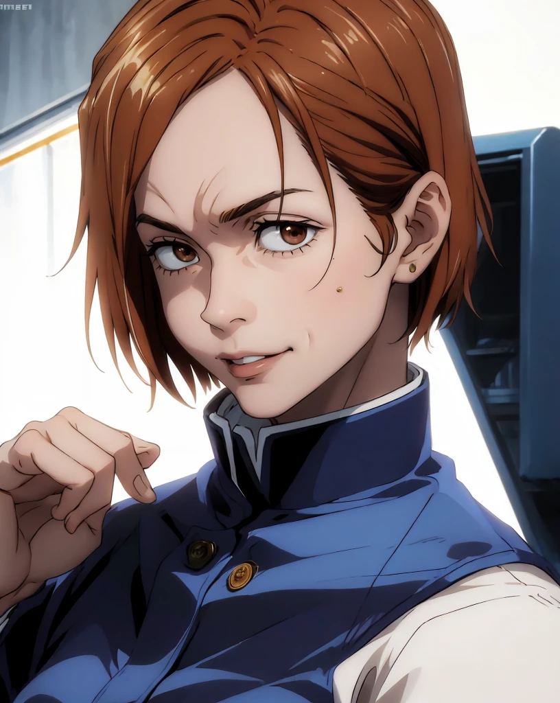 (masterpiece:1.4),(best quality:1.4) 1girl,nobara_jjk,brown hair,short hair, brown eyes,fully ,smilling, sitting, full body