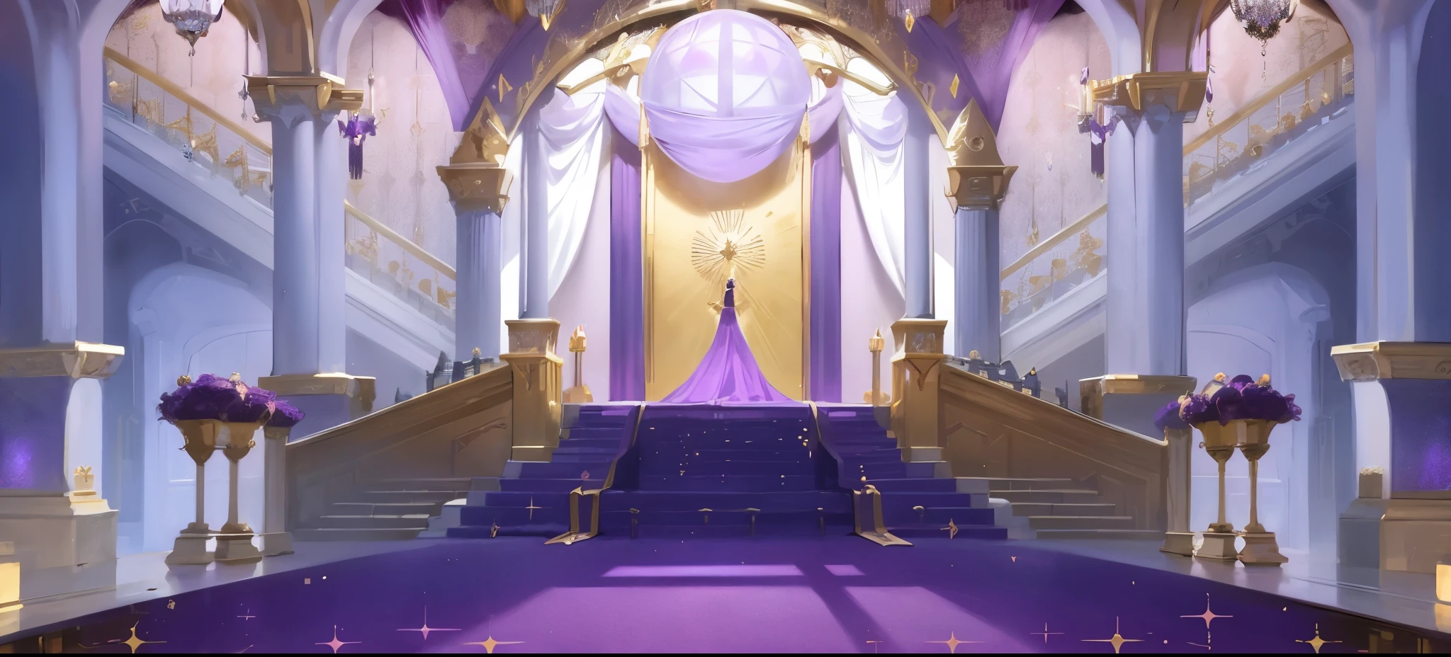 a close up of a purple carpeted staircase with a purple carpet, stunning arcanum backdrop, decadent throne room, light kingdom backdrop, palace background, exquisitely designed throne room, background art, anime background art, throne room, entrance to ethereal realm, opalescent palace, in a throne room, interior background art, inside her surreal vr castle, ballroom background