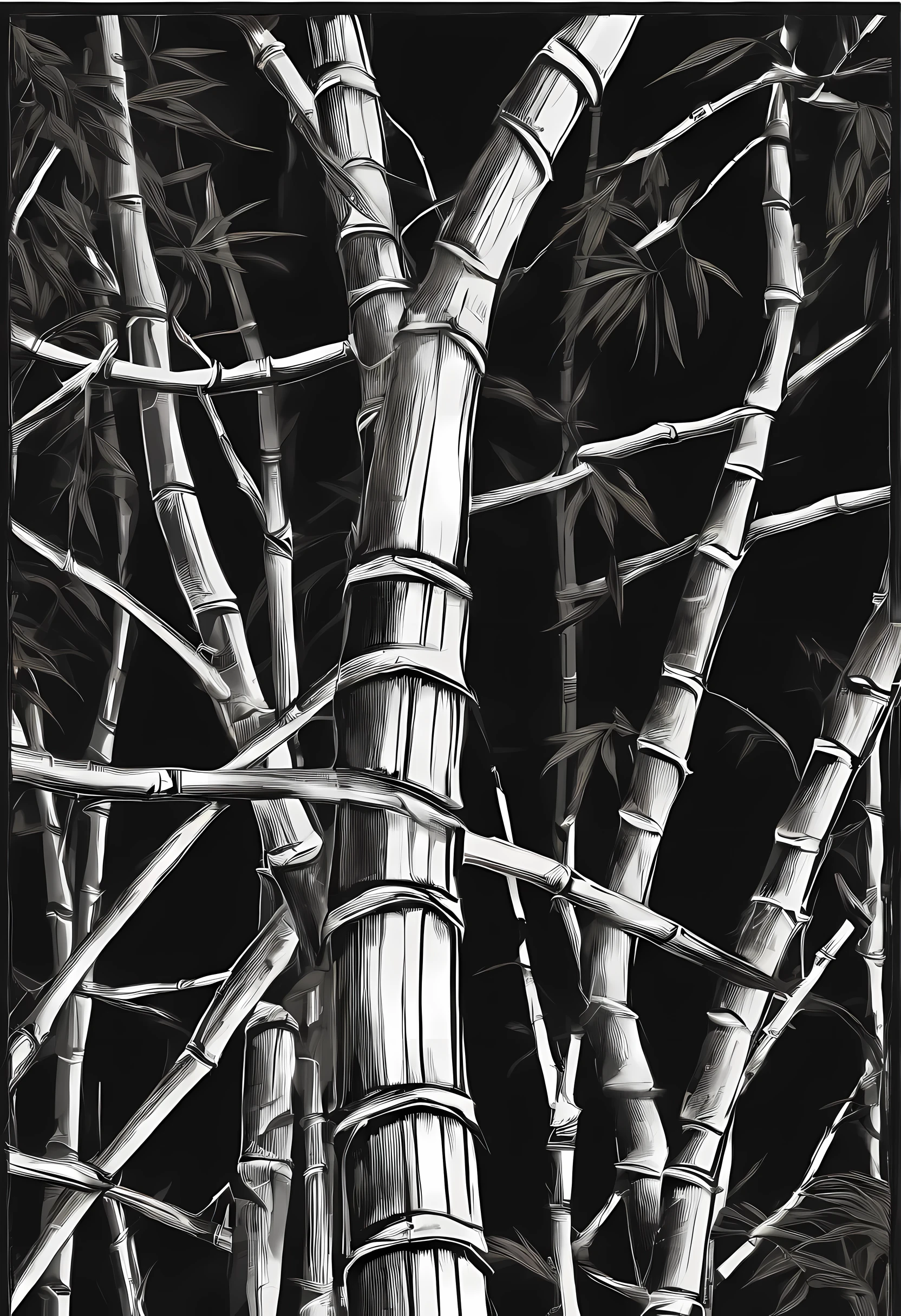 /imagine prompt:bamboo roots illustration for a sticker with a black background, in bold outline style, jagged edges, trashcore, light shading --v 5.2