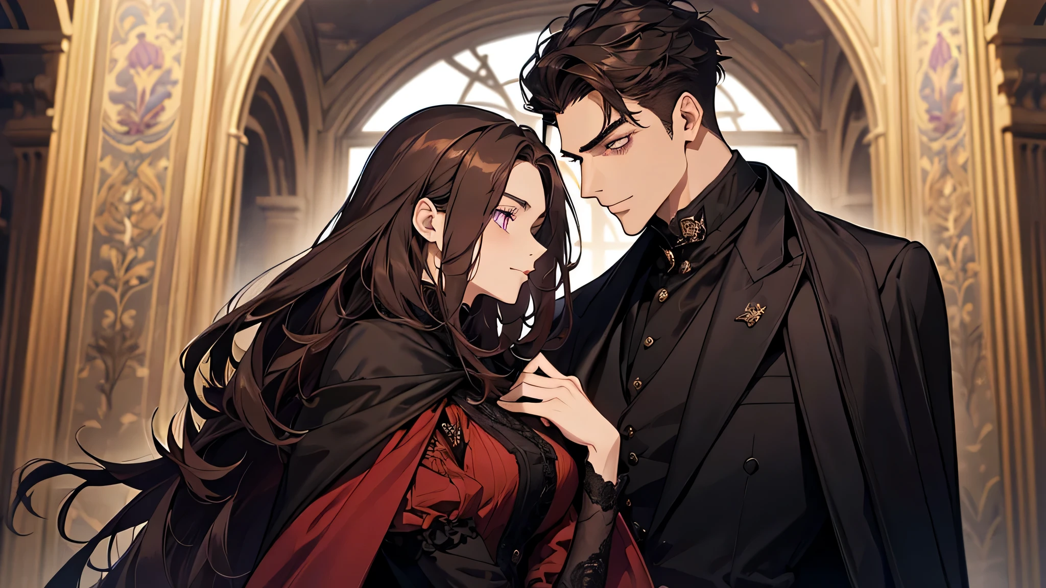 1 male 1 female, different hair color, extremely detailed face, Long black bang hair with twist and purple eyes, short dark brown hair and dark grey eyes, face to face, 25 years old, Victorian era, (female wears a red dress), (male wears a long black cape and black suit), dim light, male is a king, ((male is taller)), (dark palace), the man know her. She’s slightly famous for liking younger men, which reminds him. In his opinion. The man nodded as though to say that he understood and immediately smiled broadly as well. 