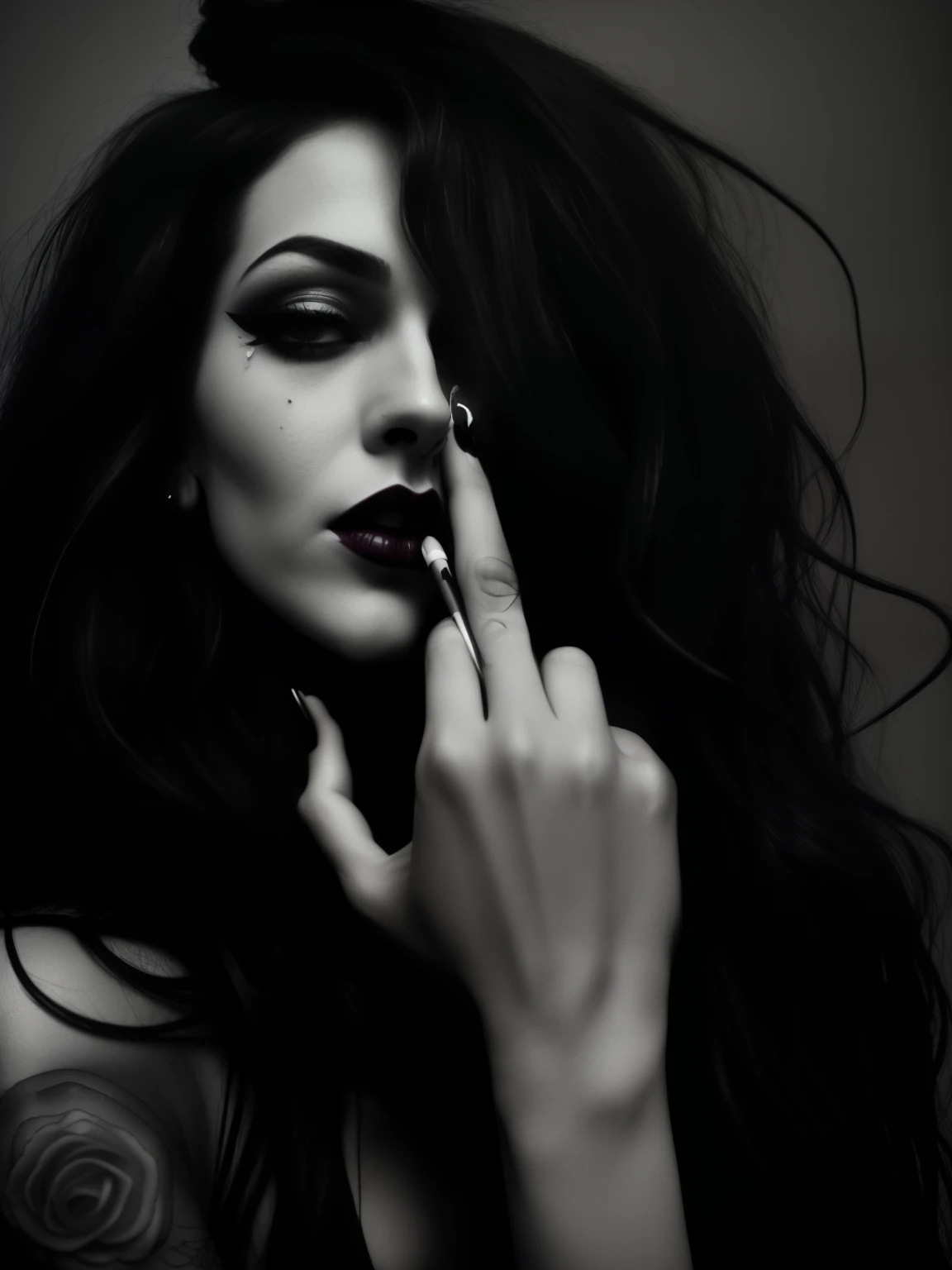 arafed woman with long hair and black makeup making a face, davide sorrenti, sexy lips :5 stylish, kaethe butcher, dramatic smoking pose, smoke coming out of her mouth, malika favre, hand over mouth, hand on her chin, black and white. high contrast, by Daniel Gelon, victoria siemer, speak no evil