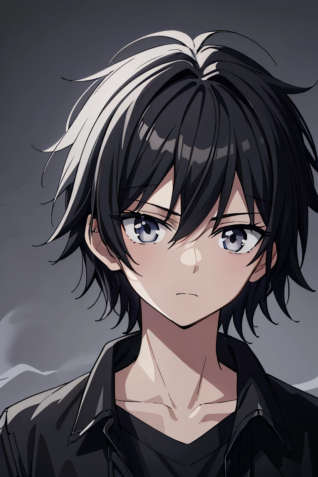 Anime Male, 16 years of age, Black Hair with Black-colored Eyes and Black Clothing, Gray Skin, Sillouette Black and White Filter, Dark Gray Background, Gloomy, Distressed, Dark Chill, Laid-back, Close-up Portrait, Surrounded by Smoke