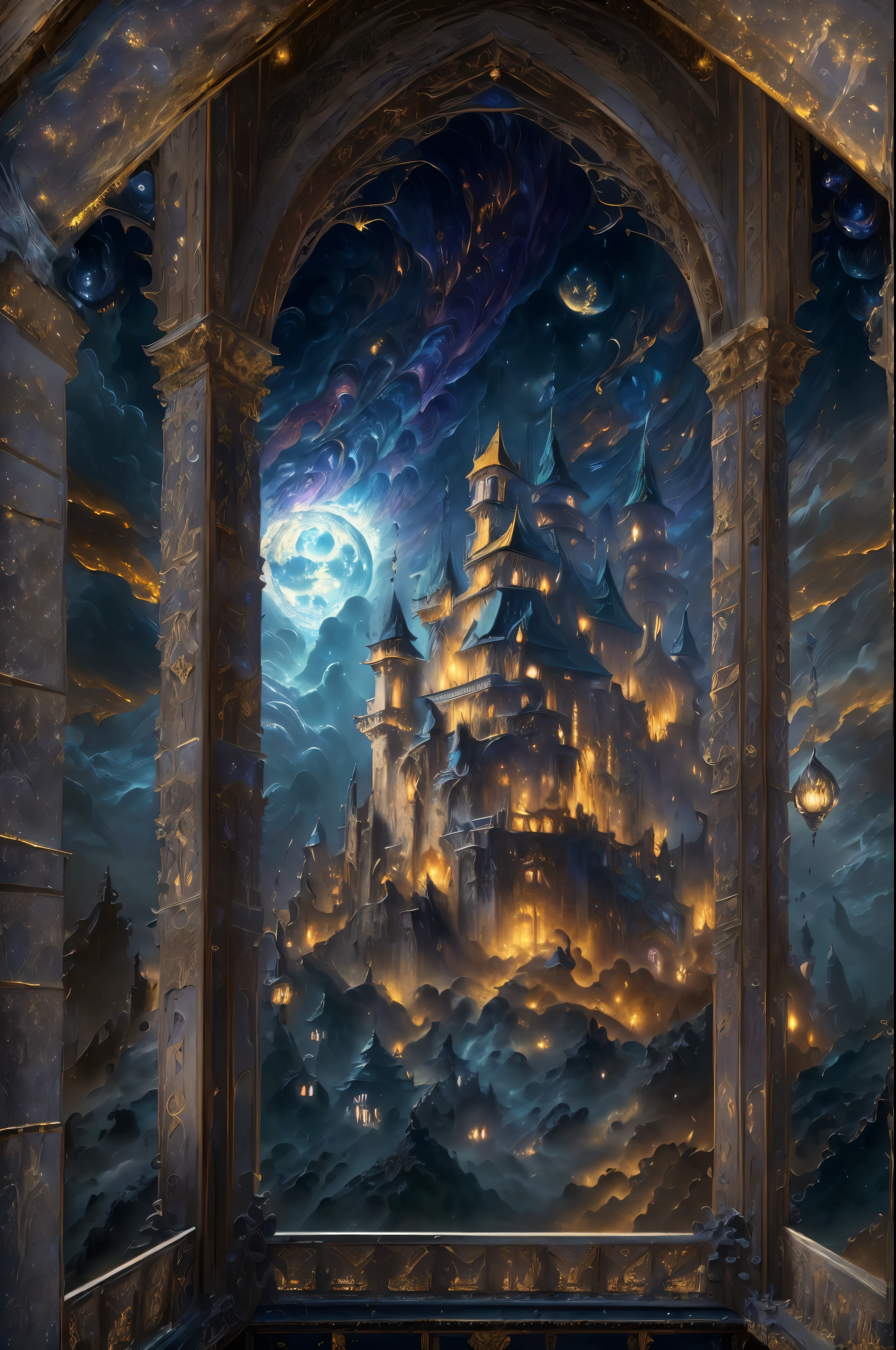 a full panoramic picture of a magical castle [[hovering]] (intense details, Masterpiece, best quality: 1.6) in the sky (intense details, Masterpiece, best quality: 1.5), [[in the sky]] hanging among the clouds (intense details, Masterpiece, best quality: 1.5) at night, flying castle in the sky (intense details, Masterpiece, best quality: 1.5), moon light, stars. many colors light from castle windows, dragons (intense details, Masterpiece, best quality: 1.5) flying around castle, atmosphere of enchantment and, masterwork architecture (intense details, Masterpiece, best quality: 1.6), atmosphere of magic (intense details, Masterpiece, best quality: 1.5), 8k, ultra detailed, masterpiece, best quality, (extremely detailed)