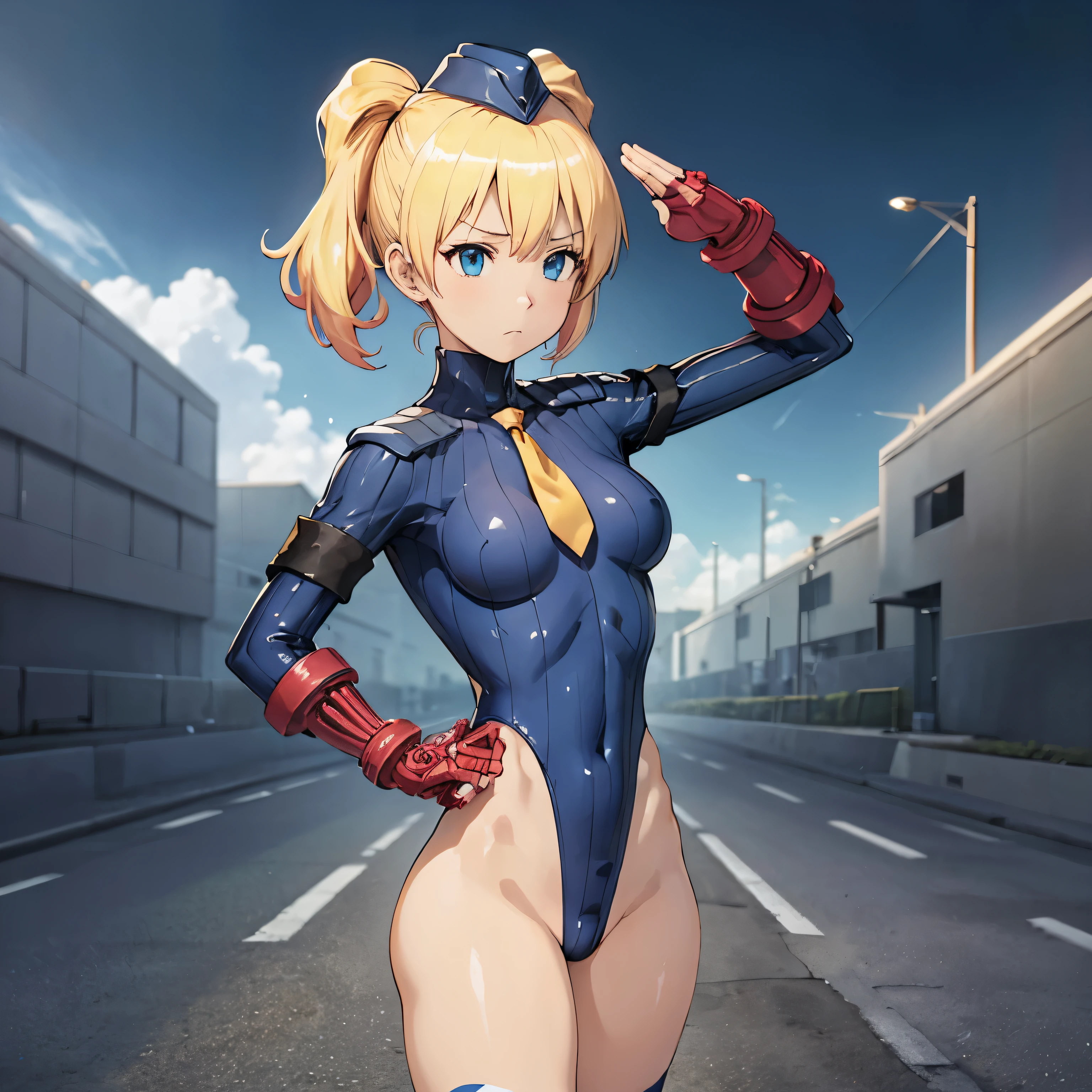 Very detailed, clear, beautiful body, Beautiful nose, Beautiful character design, perfect eyes, perfect face, very high, 4k, Beautiful legs, perfect legs, good hand, perfect hand, Masterpiece, best quality, haveรายละเอียดสูง, illustration, nonsense, perfect anatomy, street fighter, doll set, Chadaloo Doll, doll set, expressionless, empty eyes, look at viewer, red gloves, Emotionless, black Latex, corruption, mind control, female warrior, full body, hypnotized, ความมึนงงที่ไม่haveความสุข, full body suit, Ribbed bodysuit, Both arms are at the sides., obey, perfect woman's body, extremely glossy Latex, hypnosis, Hipnolora, empty eyes, mind control device, Poses, give up_Pose, slave, standตัวตรง, stand, stand at attention, have, necktie, belt, Latex, Ribbed bodysuit, thigh high, garter belt, fighting posture, Extend your right arm away from your shoulder into the air with your hand straight., greet, greet, soldier greet, Nazi greet, soldier, thigh boots, 1 girl, hair accessories, blonde hair, medium hair, blue eyes, (((Pixel Perfect, perfect detail))), alone, 1 girl, Alice Cartelet, Kiniro Mosaic, Twintail