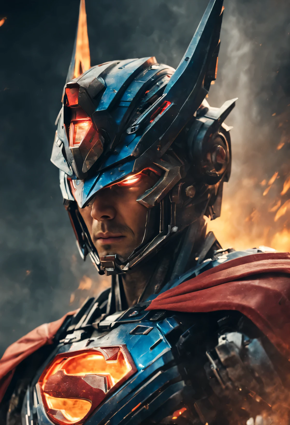 a close up of a superman standing in front of a fire, transformers cinematic universe, wojtek fus, hq 4k wallpaper, transformers : the last knight, in the movie transformers, thertrevkaiser, dwayne johnson as superman, artstation masterpiece, super robot, goku fused with optimus prime, japanese dc live-action movie, hd wallpaper, inspired by Zack Snyder, laser beam eyes