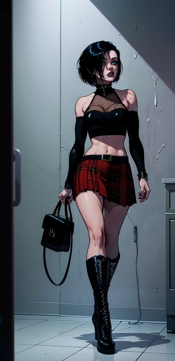 a woman with short black hair, hair on shoulders, wearing a black cropped and plaid skirt, blue eyes, zombie art, gothic art, cute aesthetic with vibe, toon aesthetic, wearing red costume, wearing gothic accessories, look like Cassie Hack, whole body, walking on the floor, black boots, white background