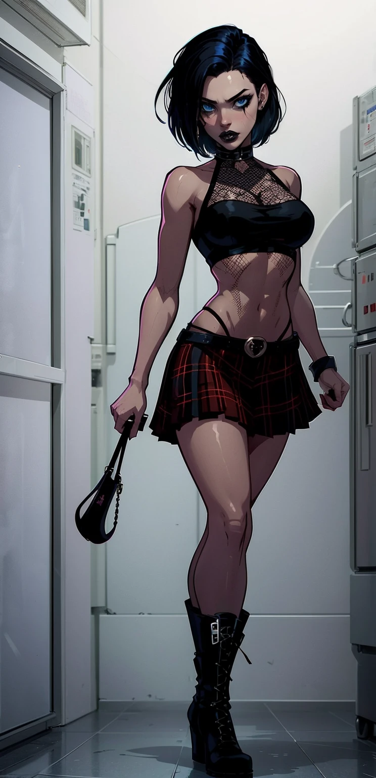 a woman with short black hair, hair on shoulders, wearing a black cropped and plaid skirt, blue eyes, zombie art, gothic art, cute aesthetic with vibe, toon aesthetic, wearing red costume, wearing gothic accessories, look like Cassie Hack, whole body, walking on the floor, black boots, white background