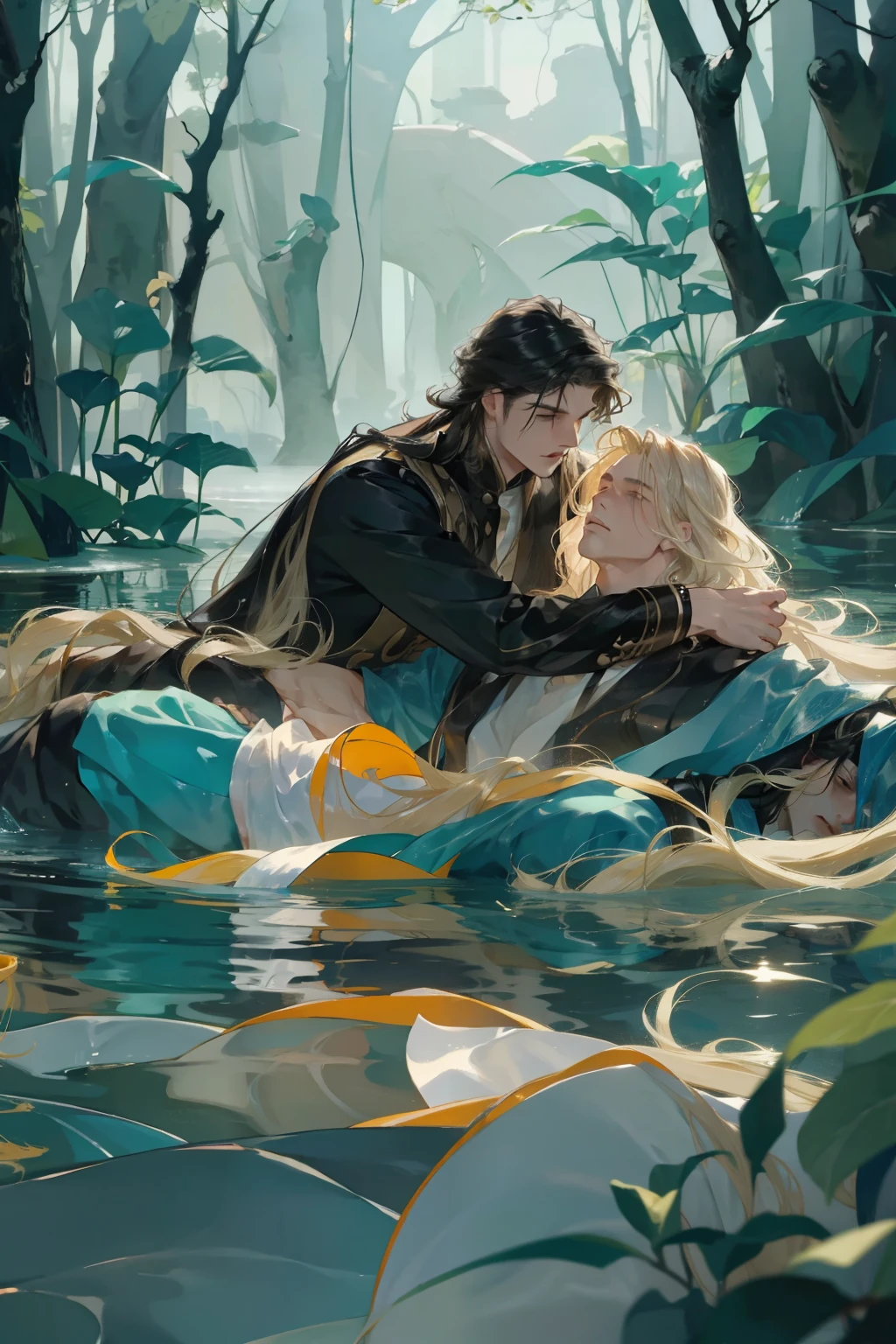A man with long blond hair is holding a man with long black hair lying in the water