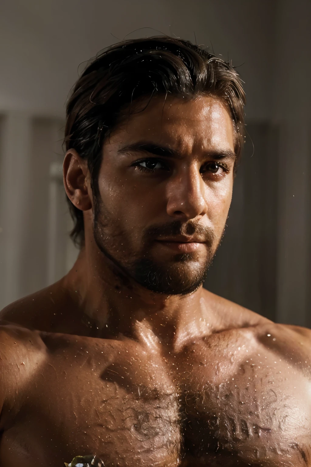 (melhor qualidade, High definition, Realistic:1.37), figura masculina, corpo forte e musculoso, Olhar confiante, barba, intense expression, dramatic lighting, pose cativante, Artistic portrait style, tons de cores quentes e ricos.