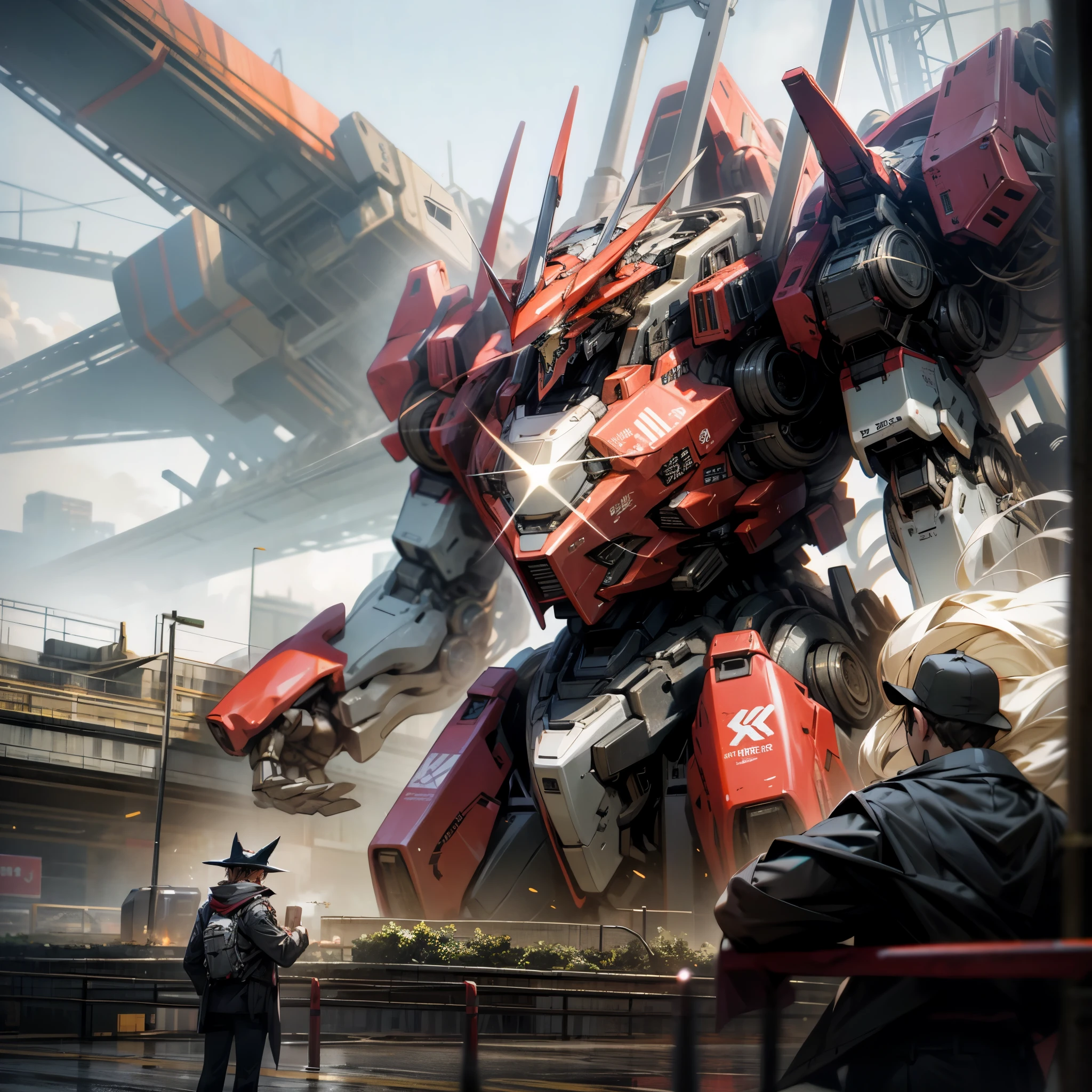 Two giant mechs，Overlooking，darkly，london，realisticlying，Anime mecha 