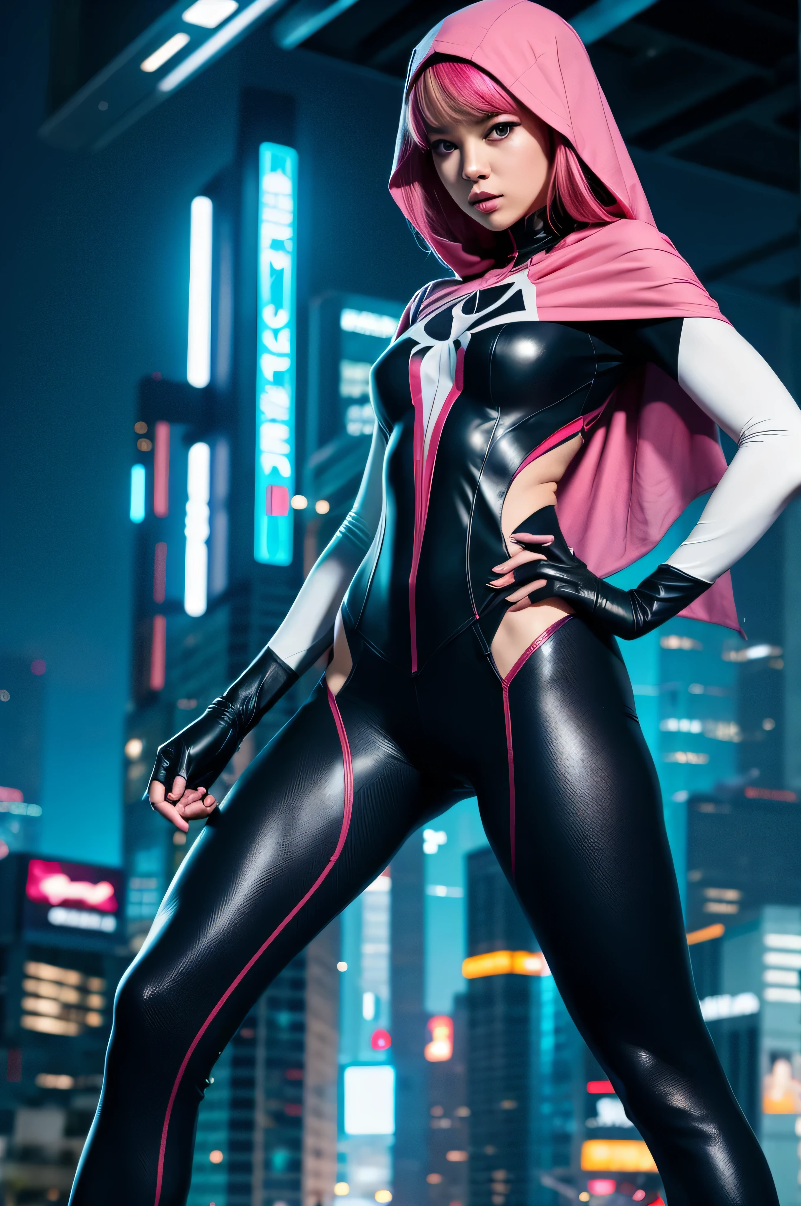 Lisa Blackpink as Spider Gwen, Front Full body Shot, full body portrait, futuristic city background
