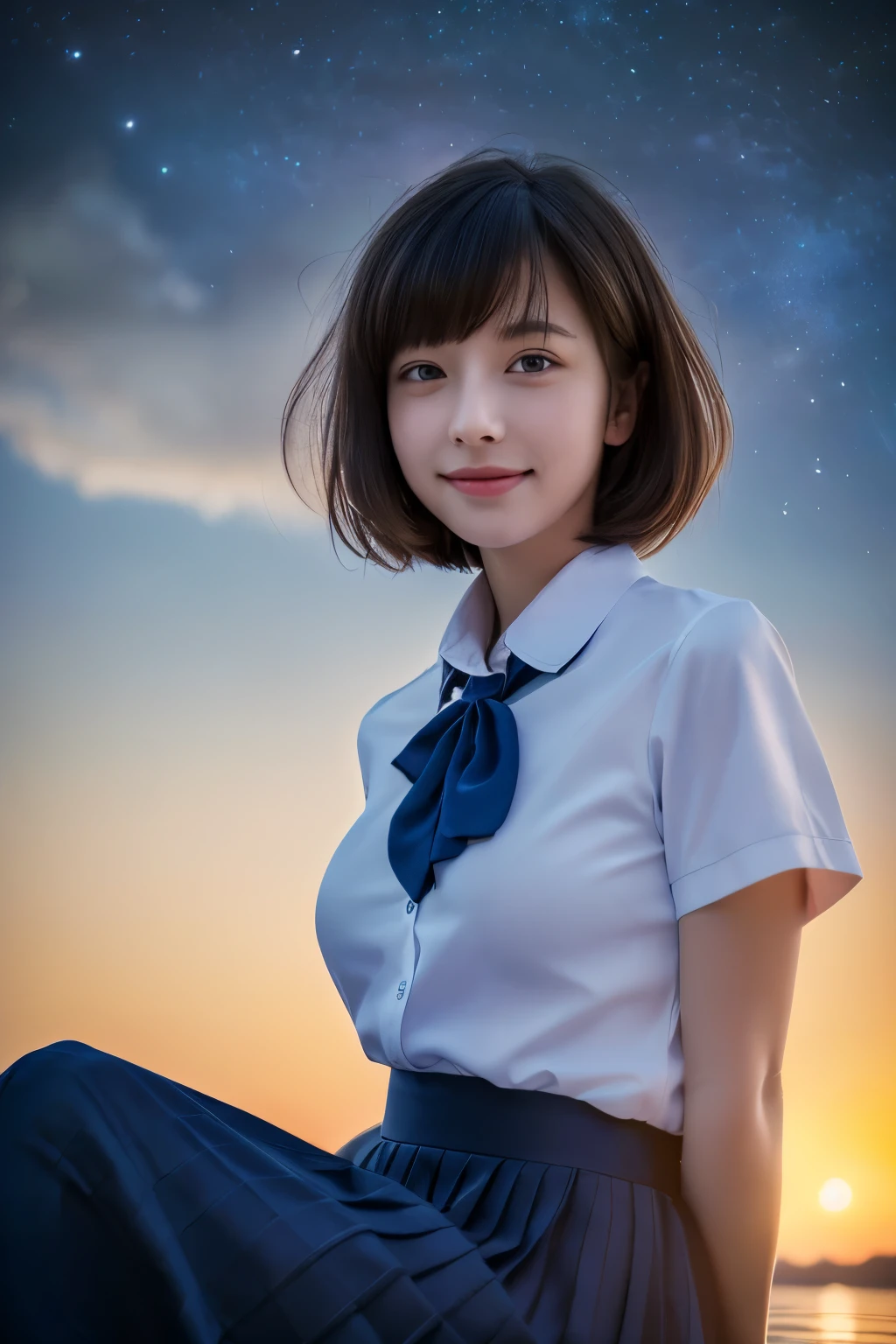 (8K, highest quality, masterpiece:1.2), (software:1.3), (realistic, photo-realistic:1.37), super detailed, 1 girl,cute, alone,beautiful and detailed sky,Detailed cafe,night,sitting,date,(blush your nose),(smile:1.1),(closed mouth) medium breasts,beautiful and fine eyes,(collared shirt:1.1), bow tie,pleated skirt,(short hair:1.2),floating hair