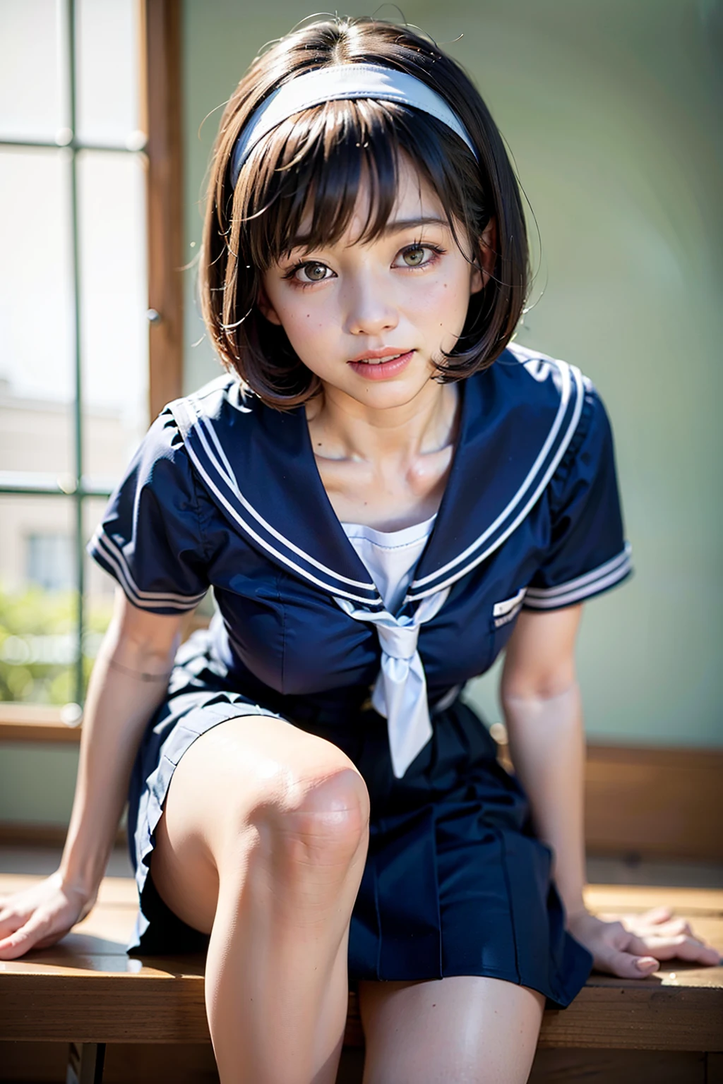 Body 8 times longer than head, (High-definition CG Unity 8K), (highest quality),(very detailed),(ultra high resolution), black hair, sailor suit, 紺色のsailor suit, sailor suitを着た女子高生, Dark blue skirt, anime 2d rendering, realistic young anime , ((white headband)), small breasts, tall, slanted eyes, (school scenery), black stockings, during the day, open your mouth a little, smile, bob cut, face detail drawing, small face,