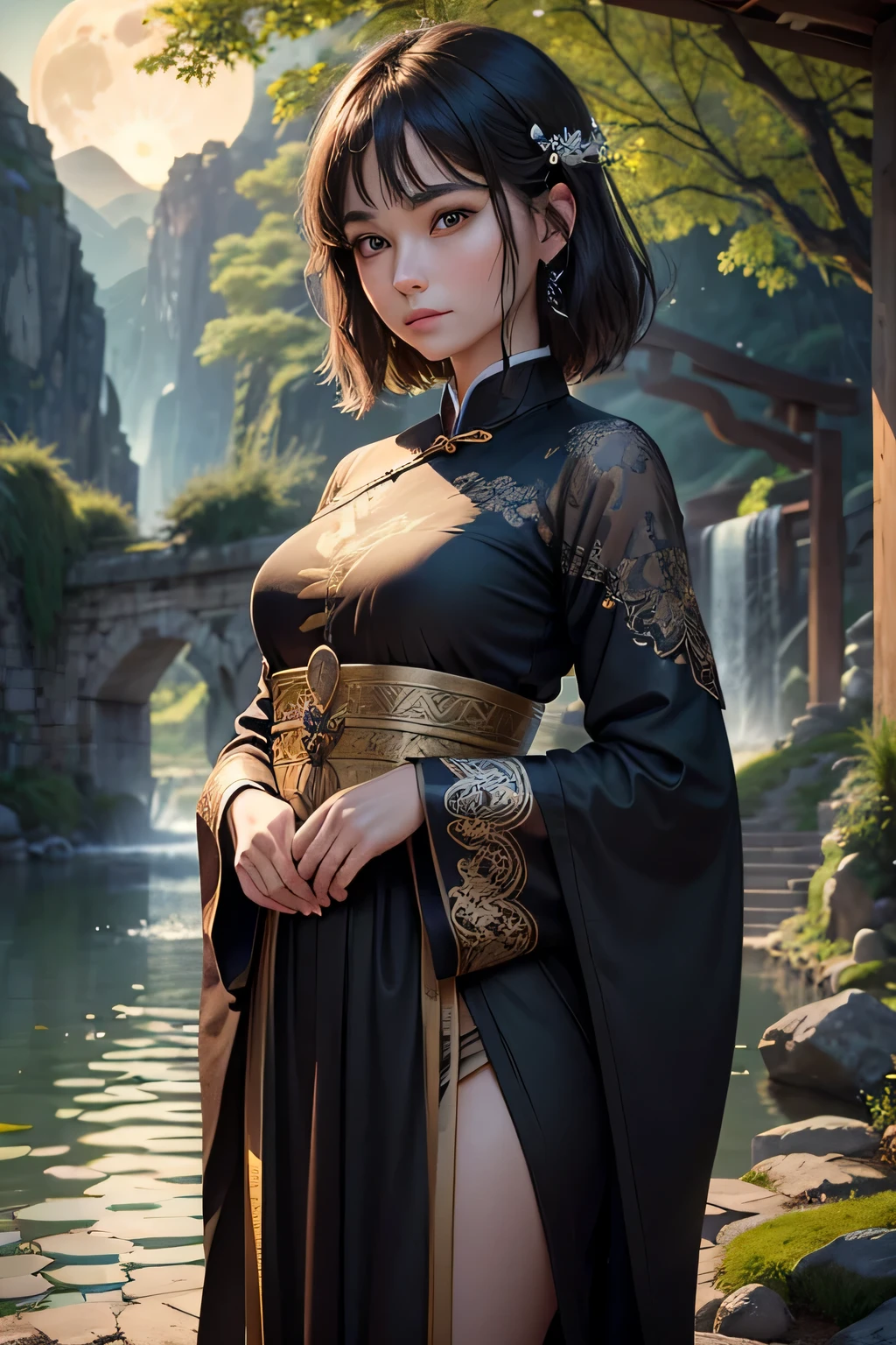 Best quality,masterpiece,ultra high res,(photorealistic:1.4),xiuxian,weapon,Detailed face, 1girl,solo, katana weapon, cleavage,(magic circle:1.2),xiuxian,Beautiful girl, full body, oni mask, east asian architecture,sheath,architecture, samurai, japan, small boobs, fantasy, high quality, ultra detailed in 4k, 8k, high resolution, fantasy coverart style, fantasy japan medival, sharp focus, depth of field.