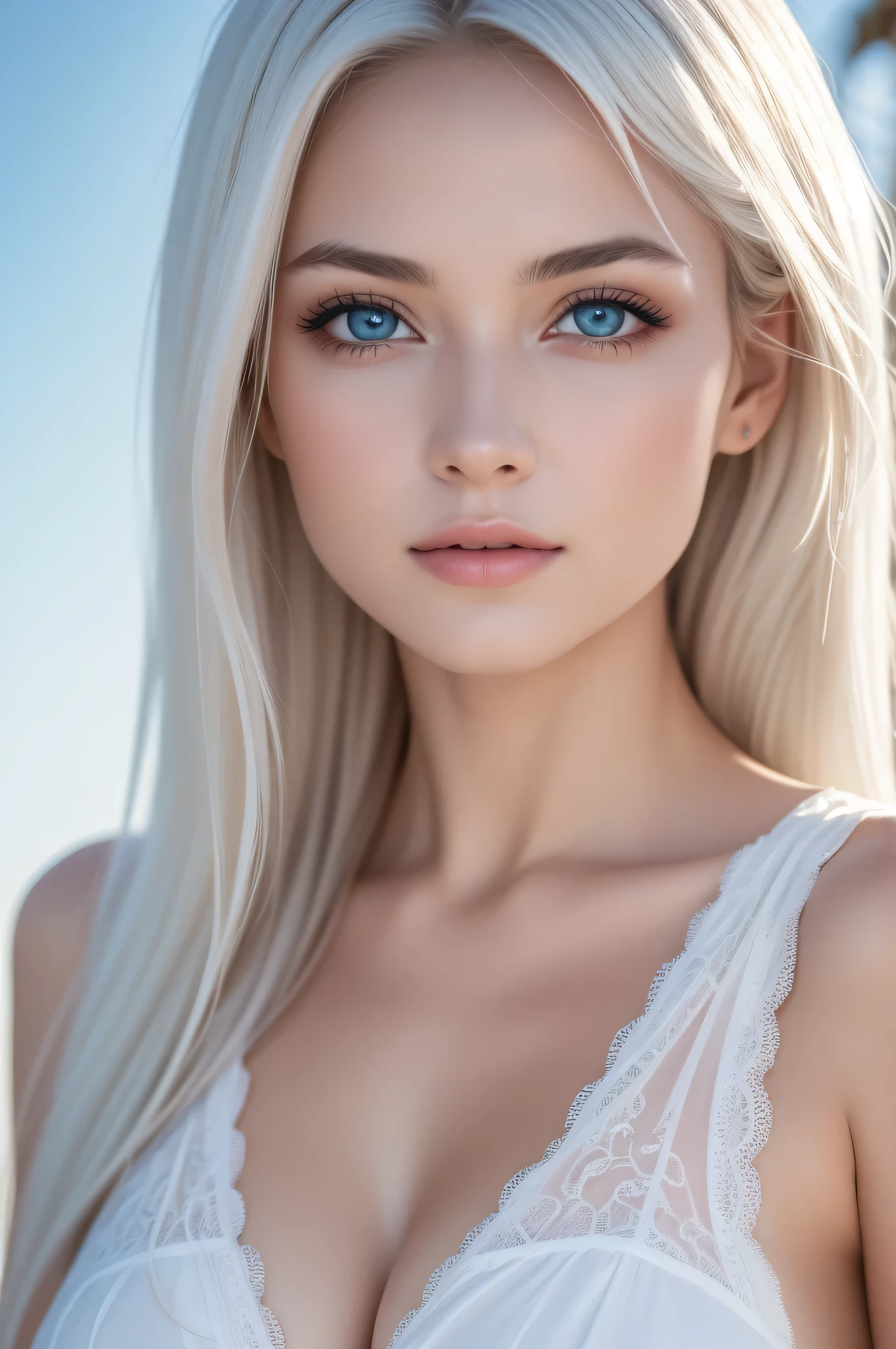 1 girl, (highest quality:1.4), (super detailed), (detailed light), (Highly detailed beautiful face), wonderful face and eyes, clear blue eyes, beautiful white hair, WHITE hair fluttering in the wind, Beautiful sheer lace details, beautiful breasts, Highly detailed CG integrated 8k wallpaper, High resolution raw color photos, professional photos, dynamic lighting, (nipple:0.94), sunny, Ocean, Palm tree, 