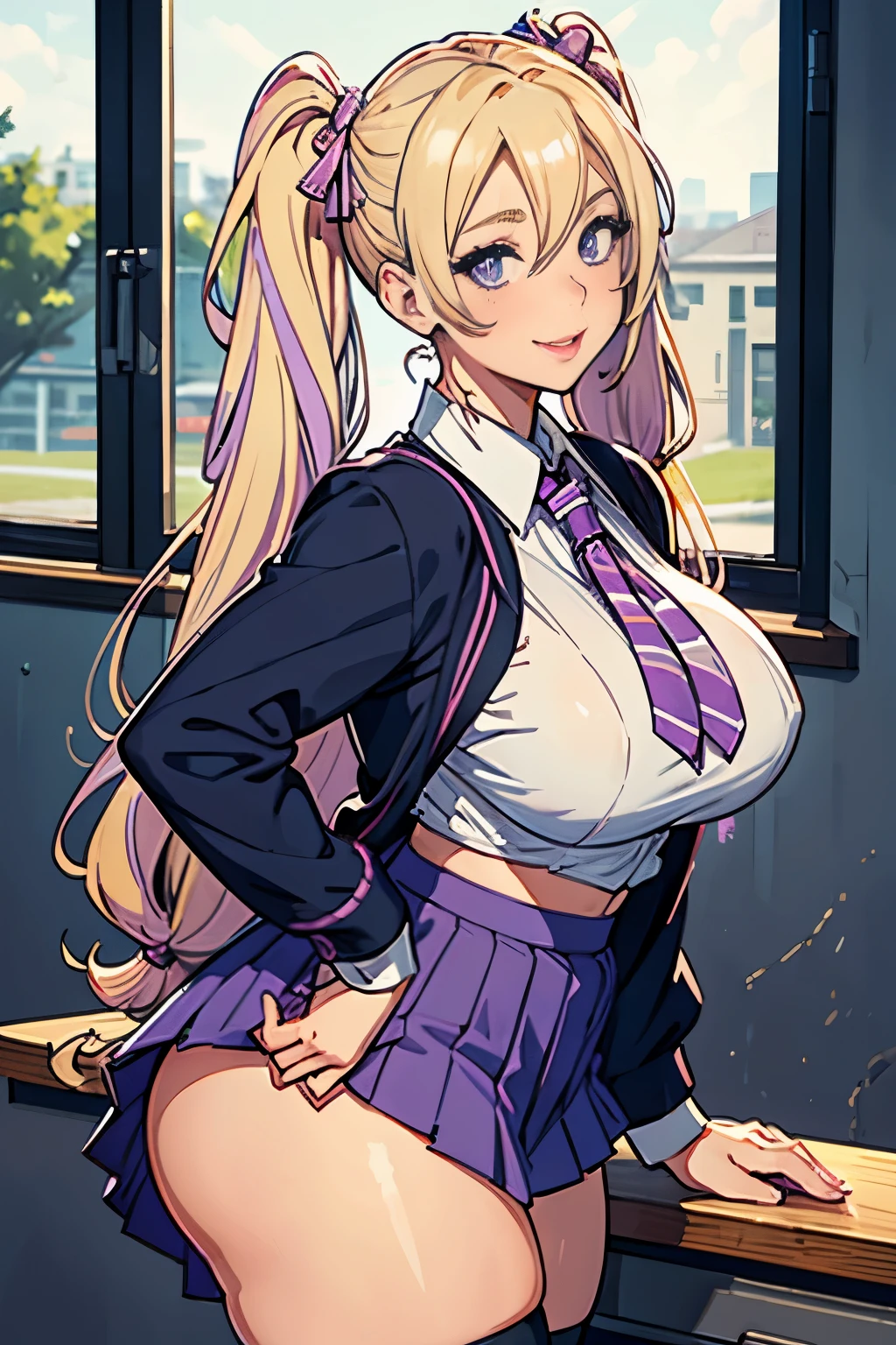 highest quality, solo milf, huge breasts, huge ass, very tortuous, Long blonde hair with pigtails, Lavender colored eyes, lip whole, fascinating, smile, school uniform, Exposed Schools Top, Short school skirt, Lavender thigh height, Llanbender Eyeshadow, lipstick, compensate, thick thighs, curvaceous physique