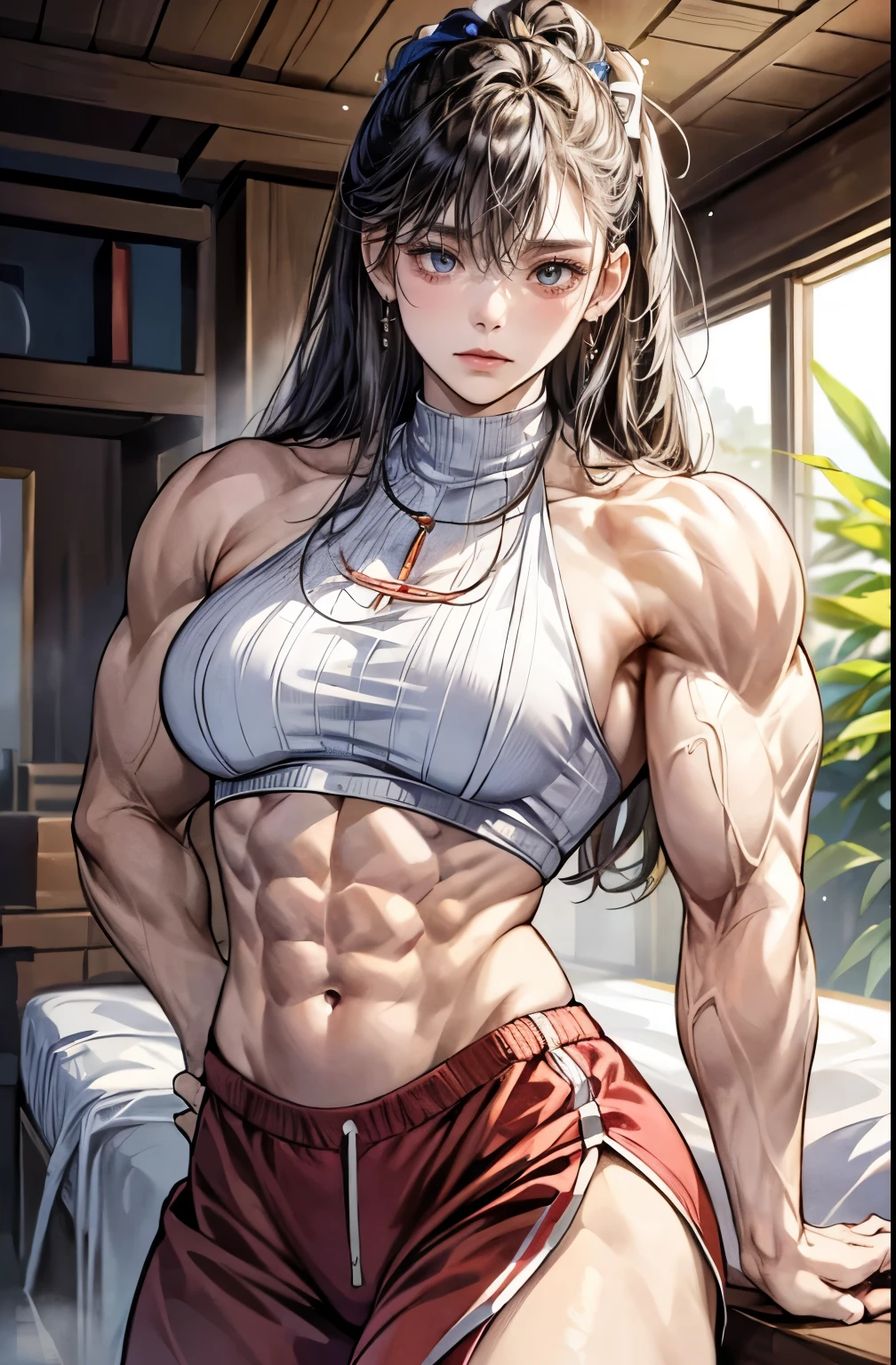 (best lighting) , (Extremely complex and detailed) , 4K unified, (Super detailed CG: 1.2) , (8k: 1.2),(The original), (masterpiece) , (best quality),(masterpiece:1.4),Anime-like high quality,(masterpiece),masterpiece, Super clear picture quality,clearer than,(delicate face)best quality, absurd,((Master of Peace, 4K, 8k, Yes, high resolution))1个girl, female student,She was in the garden,Ten strong abdominal muscles,stand up,Crop topping,dense, There are raised veins on the arms,Oversized muscles,The visual sense of muscle explosion,Muscles feel like they're about to explode,The biceps are as big as several steamed buns,spring, boots, Perfect body, long hair, dynamic poses,legs exposed,Strong leg muscles ((bodybuilder:1.5)),spring Garden,(beautiful bass),(girl),(miss),(((Upper body:1)))Fashionable midriff-baring outfit