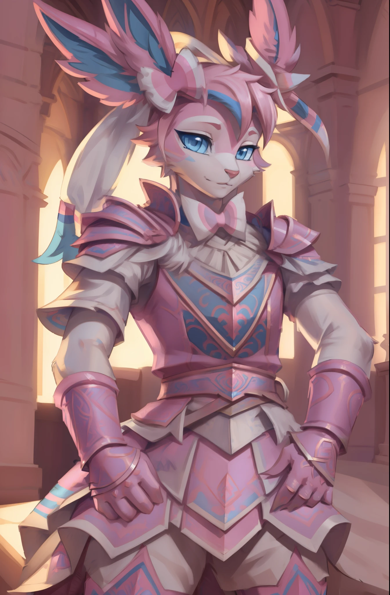 sylveon, blue eyes, (posing:1.3), (soft shading), 4k, hi res, five fingers, detailed hands, ((detailed face, (detailed eyes:1.0), detailed)), by zackarry911, by zaush, (by personalami:0.5), clothed, pink armor, solo