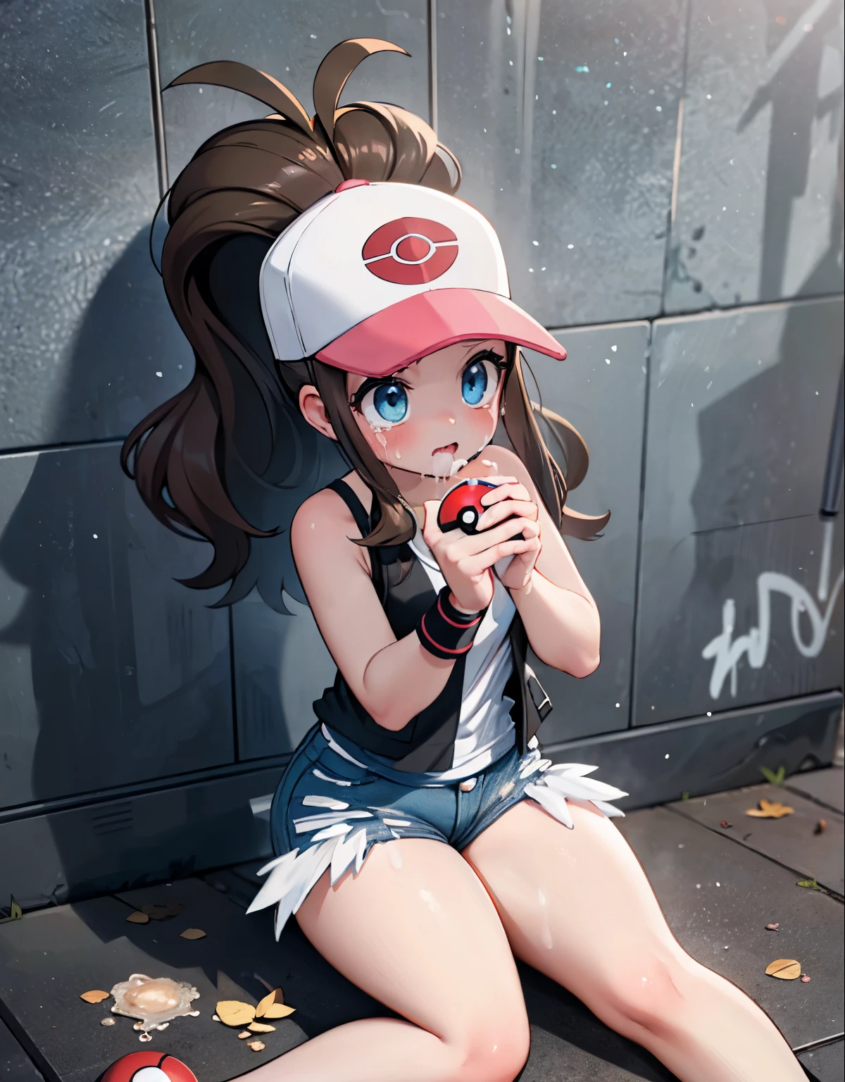 Hilda Pokemon,def1,dark alley,sitting on her legs,knees together,visible thighs,thick thighs,curvy body,beautiful eyes, detailed eyes,tears running down her face,wiping her tears,looking at the camera,torn clothes, cum on mouth, cum on face, bukkake, holding a pokeball in hand, money on the floor, money in the neckline, (best quality,4k,8k,highres,masterpiece:1.2),ultra-detailed,(realistic,photorealistic,photo-realistic:1.37),gritty,grungy,dimly lit,dramatic lighting,emotionally charged,detailed background,broken bricks and graffiti,abandoned building,despair,loneliness,shadows and highlights,hopelessness,bright color palette,stylish pose,hair blowing in the wind,determined expression,captivating eyes