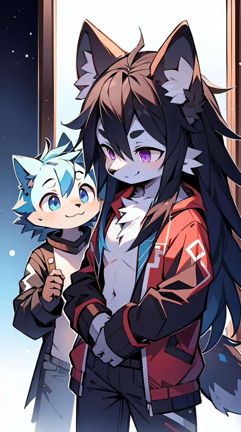 blue wolf purple eyes, , long black hair, end, The chest is slightly raised,red and black costume,with smile,Two small ears,White skin
