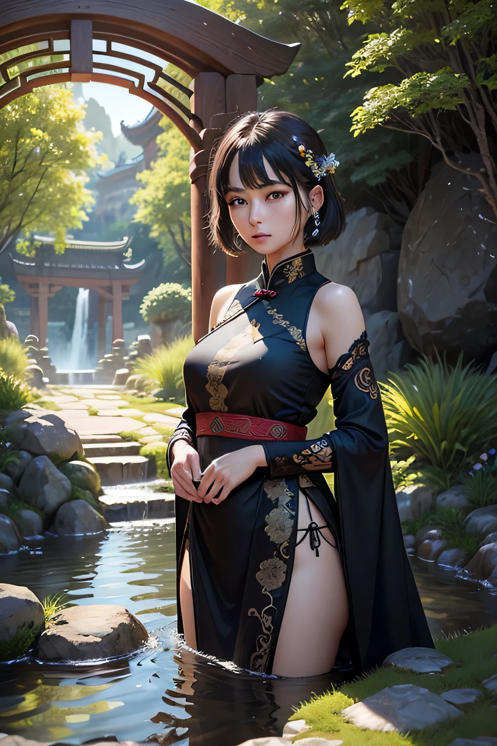 A beautiful woman wearing a cheongsam, white and black sleeveless cheongsam, holding an oil-paper umbrella, standing on her back by the alpine lake, there is water on the lake, there are boats, arch bridge, there is a big tree on the left, branches extending from the big tree, Chinese style traditional architecture, the sun sets on the edge of the sky, backlight, delicate facial features, slightly fat, full body, high quality, high resolution, 8K