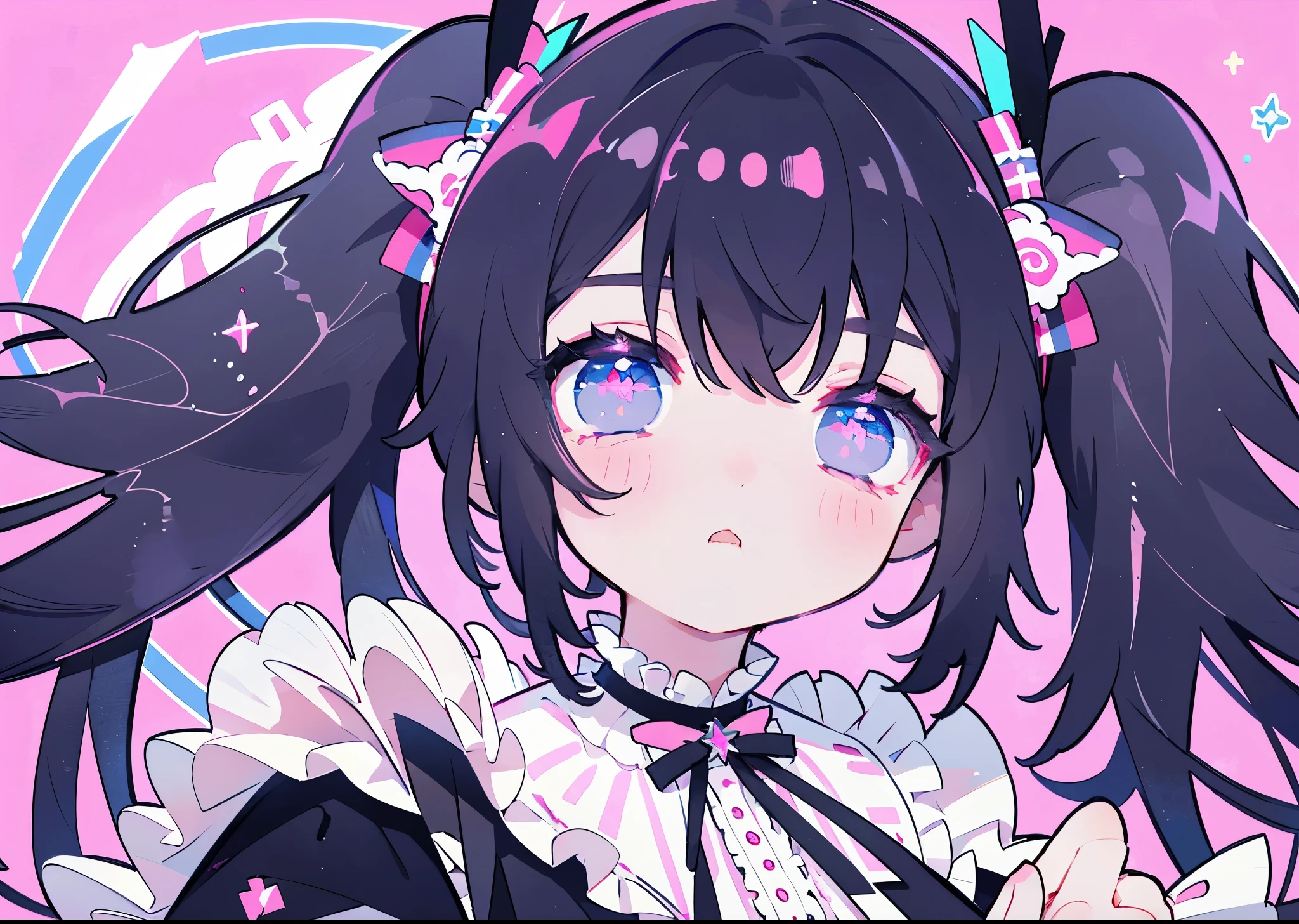 ((central)), ((Solo)), ((very close subject)), masterpiece, dressed in Gothic Lolita clothes, black hair twintails, neon eyes, pink eyes, One girl, Solid pink background, invisible hands