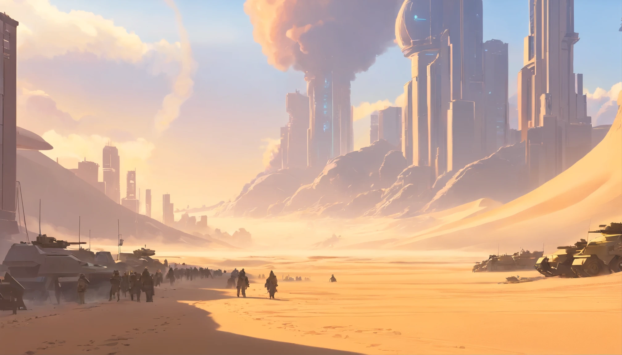 Dune concept art,Clean and neat tones,Sci-fi base scene,Huge scene,Square-shaped complex,Soviet aesthetic architecture,huge buildings,There are many ships in the air,Size contrast,crowd of,Soldiers versus soldiers,Big scenes of war,smog,epic concept art,Fine 8K,vray,Wasteland Science Fiction