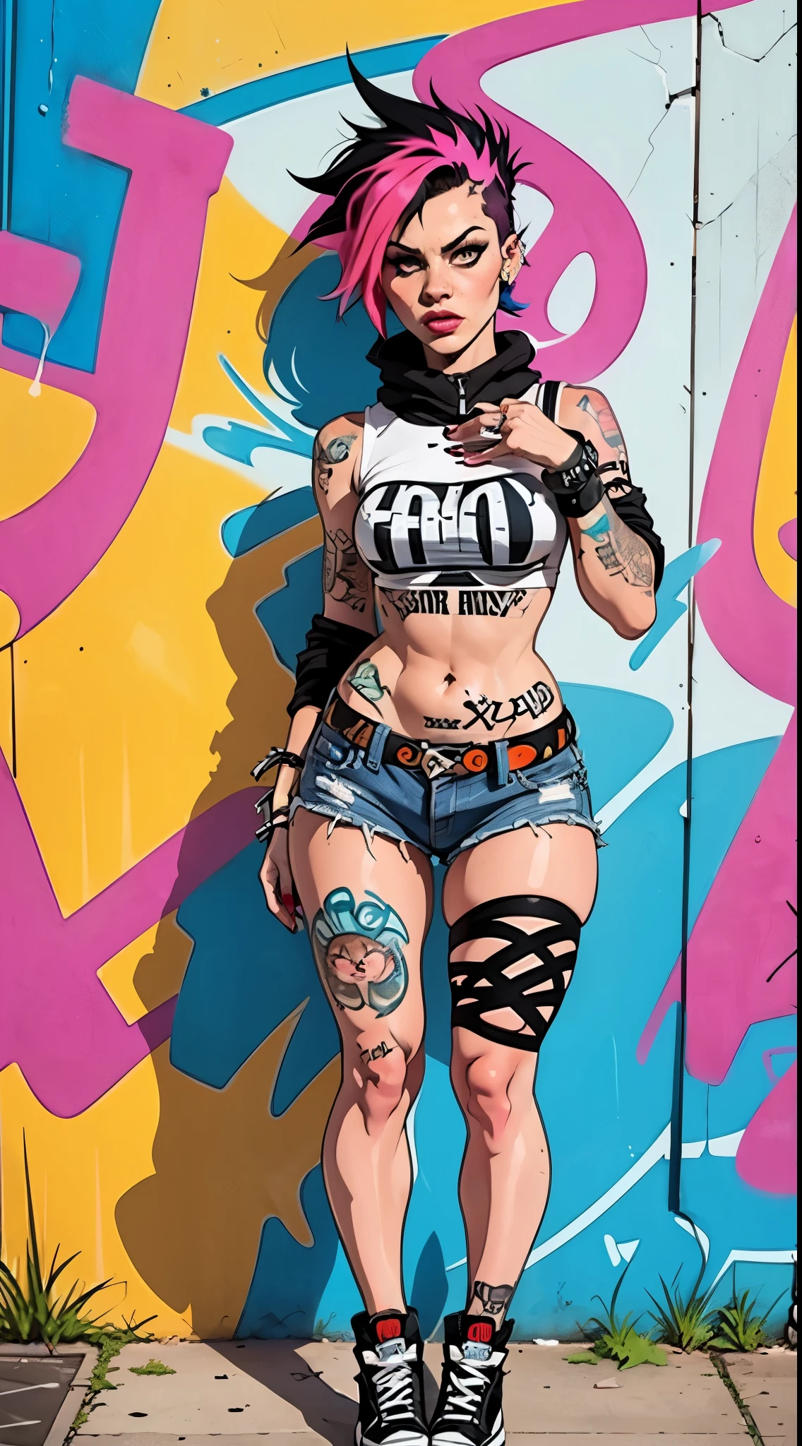 xsty,(1girl),(sassy expression),(punk style:1.2),with edgy clothing and accessories,in an urban graffiti-filled environment,(graffiti art:1.1),creating a rebellious and urban vibe.,