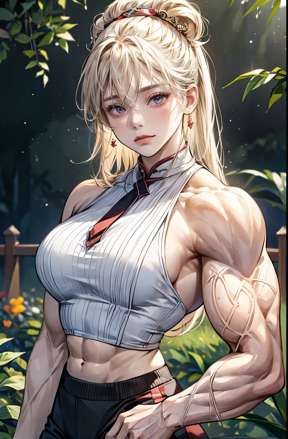 (best lighting) , (Extremely complex and detailed) , 4K unified, (Super detailed CG: 1.2) , (8k: 1.2),(The original), (masterpiece) , (best quality),(masterpiece:1.4),Anime-like high quality,(masterpiece),masterpiece, Super clear picture quality,clearer than,(delicate face)best quality, absurd,((Master of Peace, 4K, 8k, Yes, high resolution))1个girl, female student,She was in the garden,Ten strong abdominal muscles,stand up,Crop topping,dense, There are raised veins on the arms,Oversized muscles,The visual sense of muscle explosion,Muscles feel like they're about to explode,The biceps are as big as several steamed buns,spring, boots, Perfect body, long hair, dynamic poses,legs exposed,Strong leg muscles ((bodybuilder:1.5)),spring Garden,(beautiful bass),(girl),(miss),(((Upper body:1)))Fashionable midriff-baring outfit