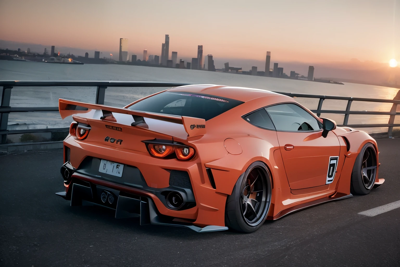 ((masterpiece,best quality)),ultra-detailed, 4k, highres, orange, sunset, cinematic, widebody sports car, vehicle focus, city, neon lights, skyscraper,