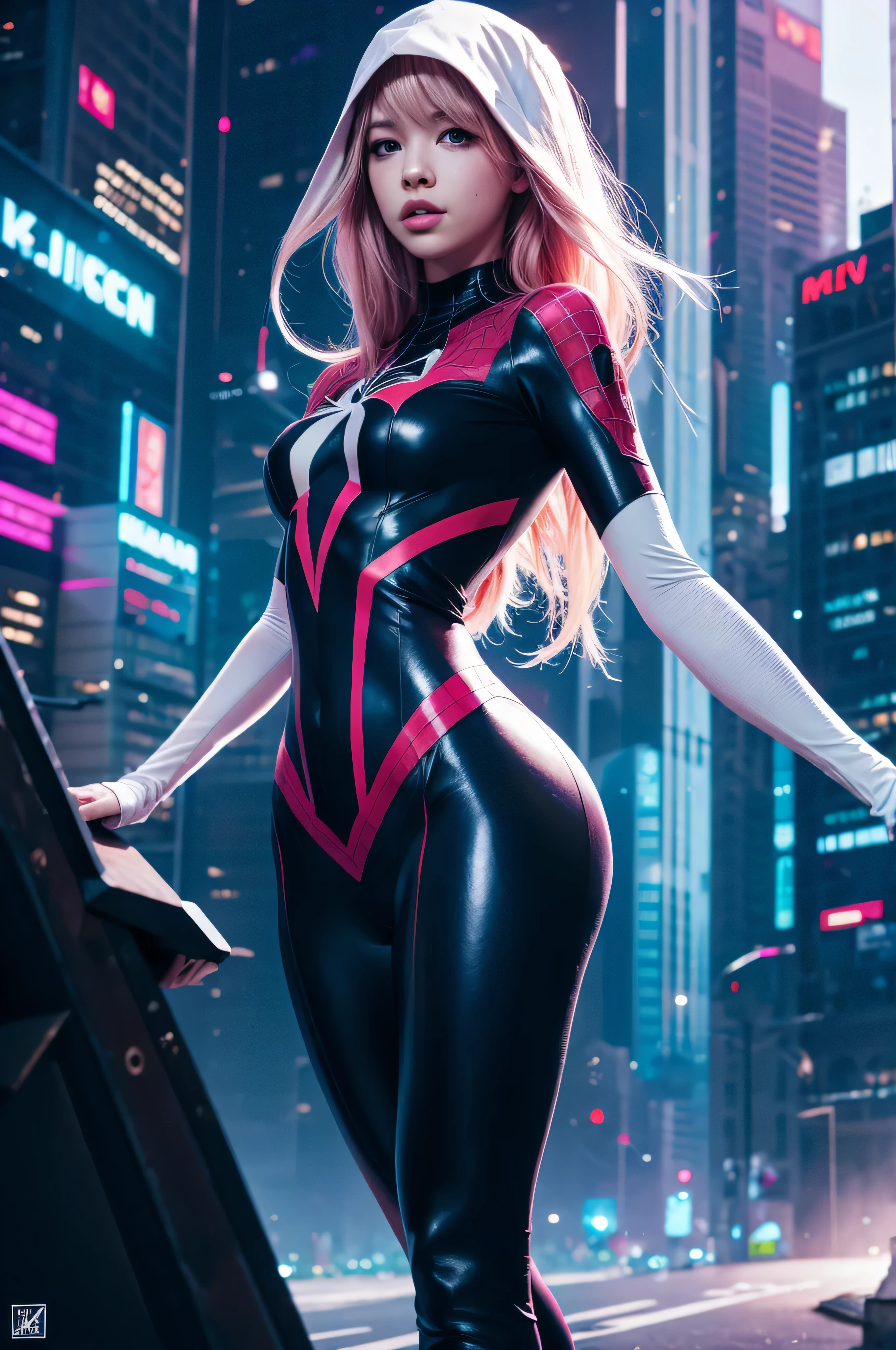Lisa Blackpink as Spider Gwen, Front Full body Shot, full body portrait, futuristic city background