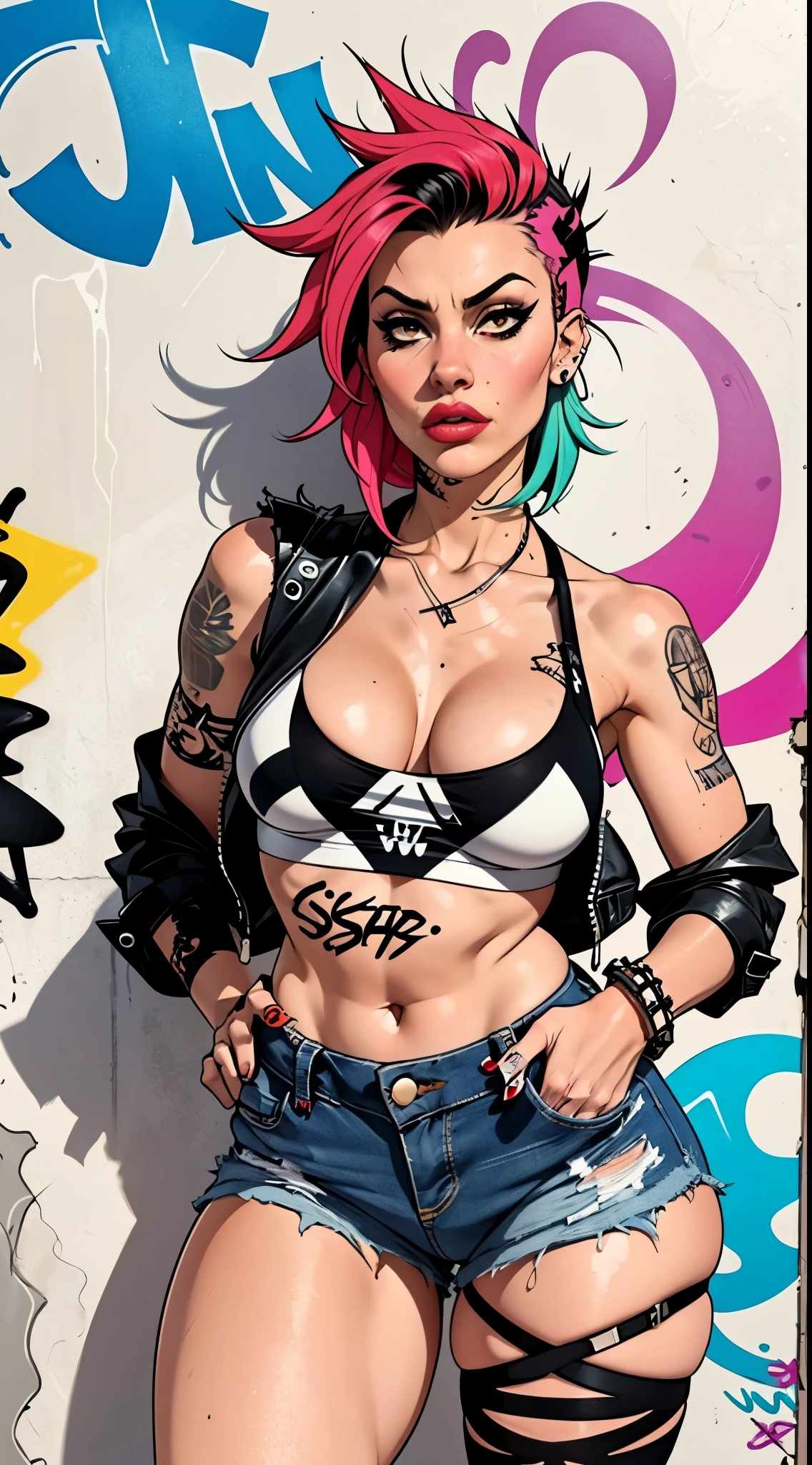 xsty,(1girl),(sassy expression),(punk style:1.2),with edgy clothing and accessories,in an urban graffiti-filled environment,(graffiti art:1.1),creating a rebellious and urban vibe.,