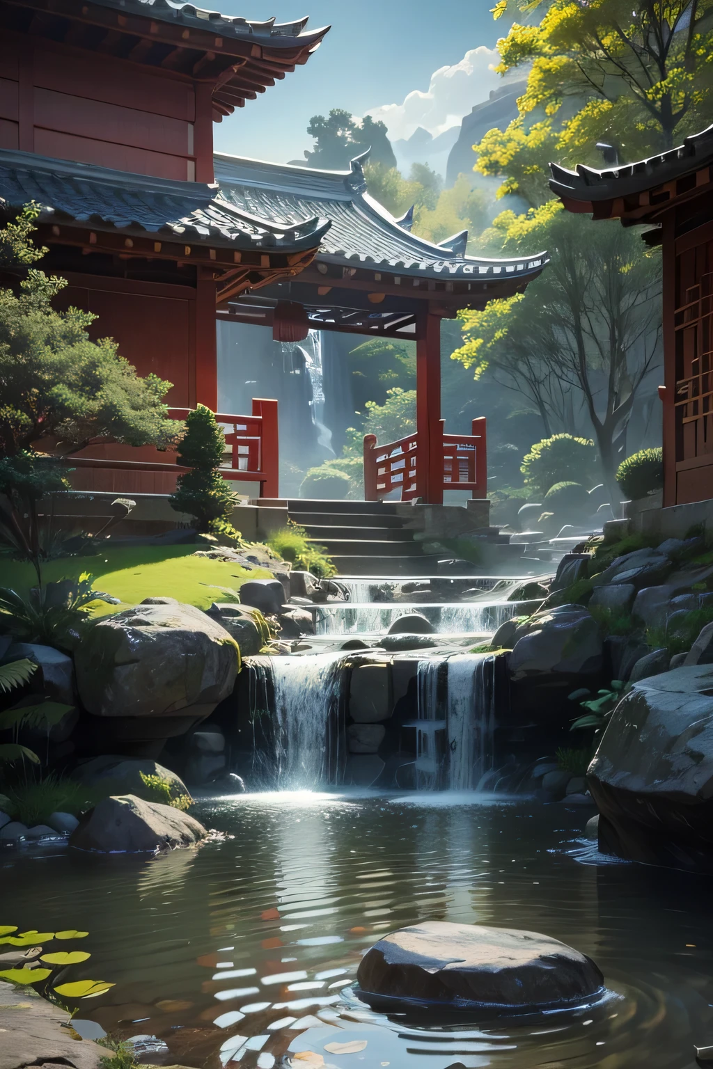 Ancient Chinese archwayitecture, moon, midnight, garden, bamboo, lake, stone bridge, rockery, archway, Corners, wood, water flowing, landscape, outdoor, waterfall, Grass, rock, water lily, hot spring, water vapor, (shape: 1.0), great composition, realistic lighting, HD details, masterpiece, highest quality, (High-definition CG Unity 8K) - 6 o'clock'clock