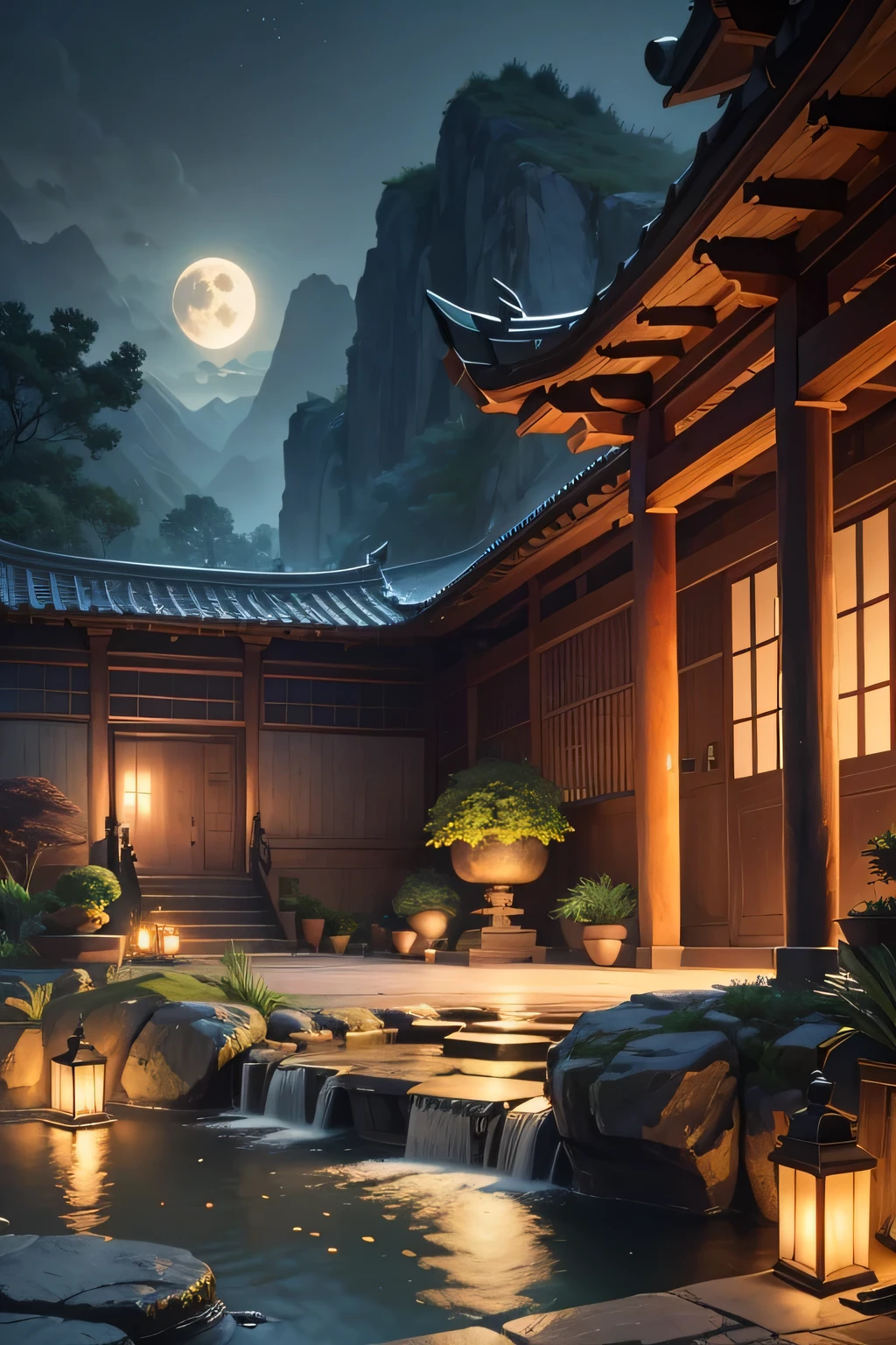 Ancient Chinese archwayitecture, moon, midnight, garden, bamboo, lake, stone bridge, rockery, archway, Corners, wood, water flowing, landscape, outdoor, waterfall, Grass, rock, water lily, hot spring, water vapor, (shape: 1.0), great composition, realistic lighting, HD details, masterpiece, highest quality, (High-definition CG Unity 8K) - 6 o'clock'clock